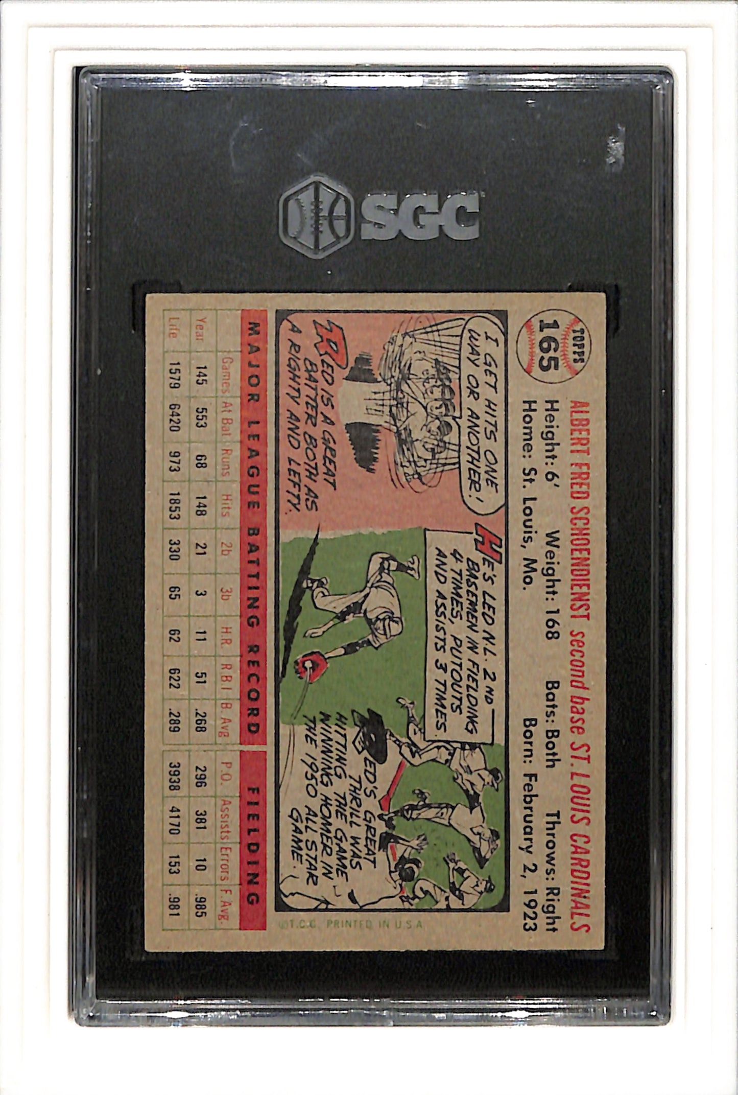 1956 Topps #165 Red Schoendienst SGC 4 SN 8942233