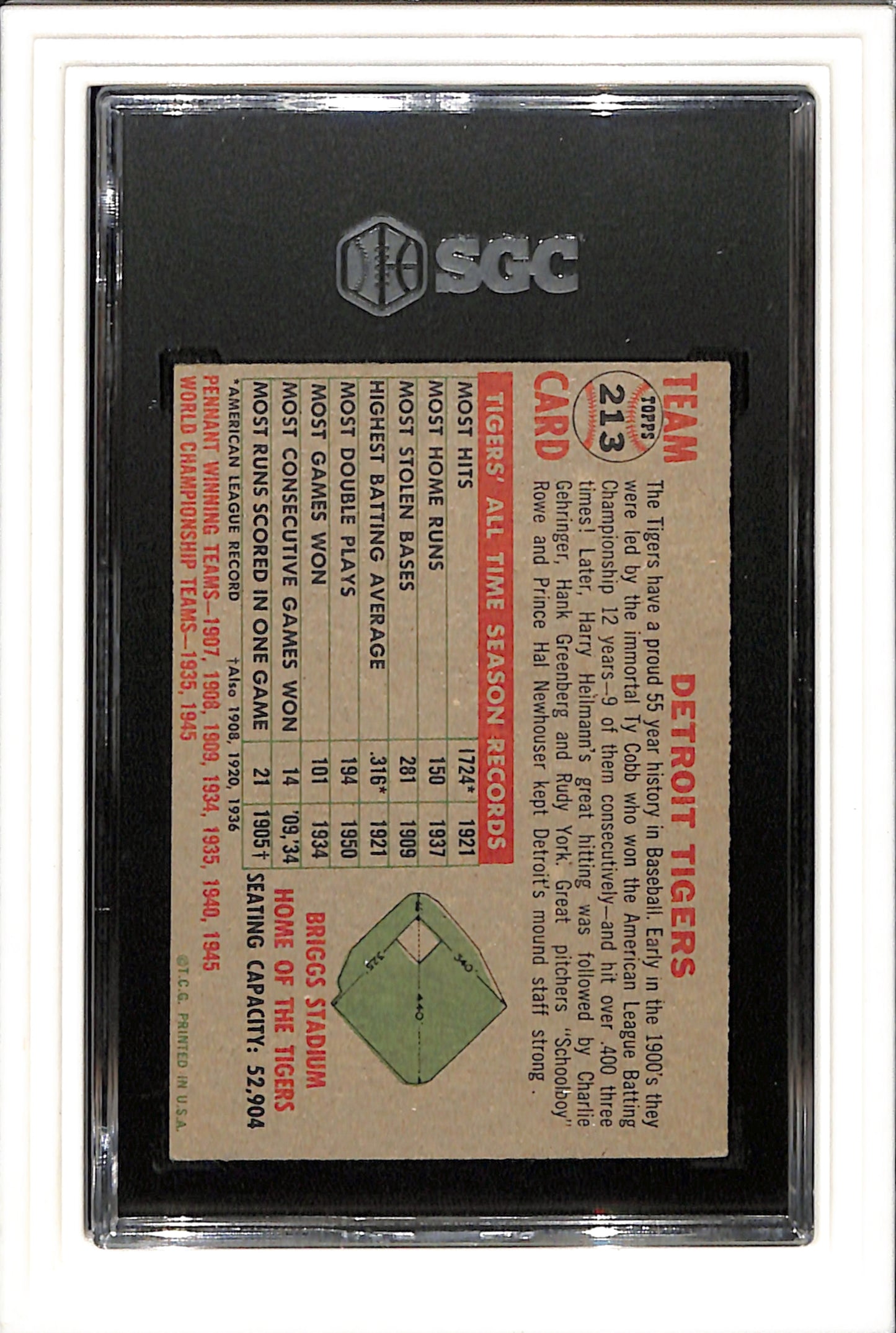 1956 Topps #213 Detroit Tigers SGC 4 SN 1892436