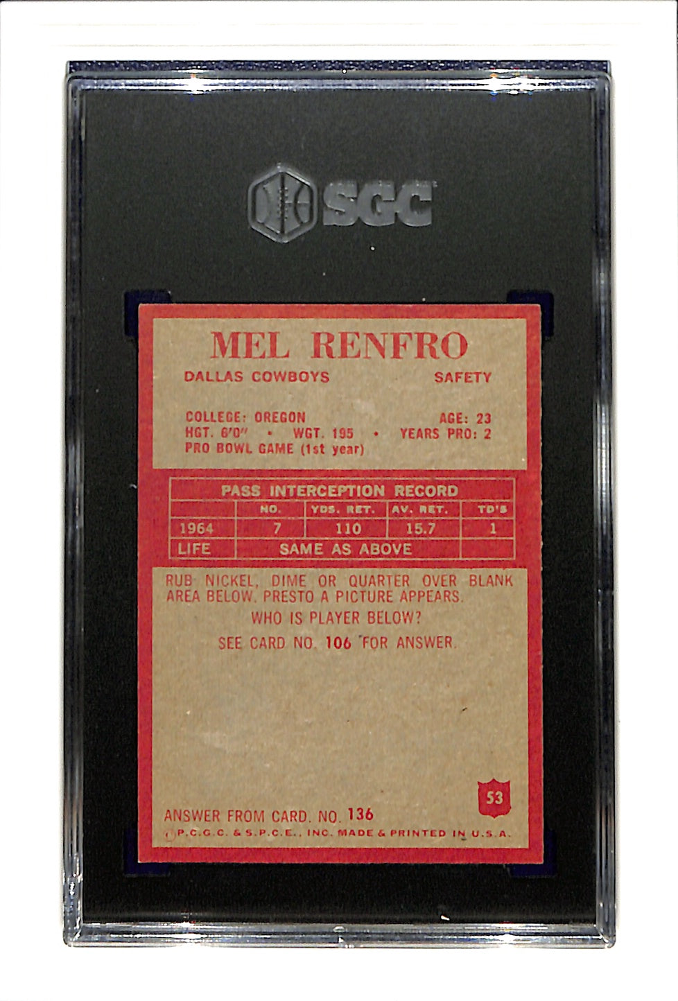 1965 Philadelphia #53 Mel Renfro SGC 8 SN 3810760