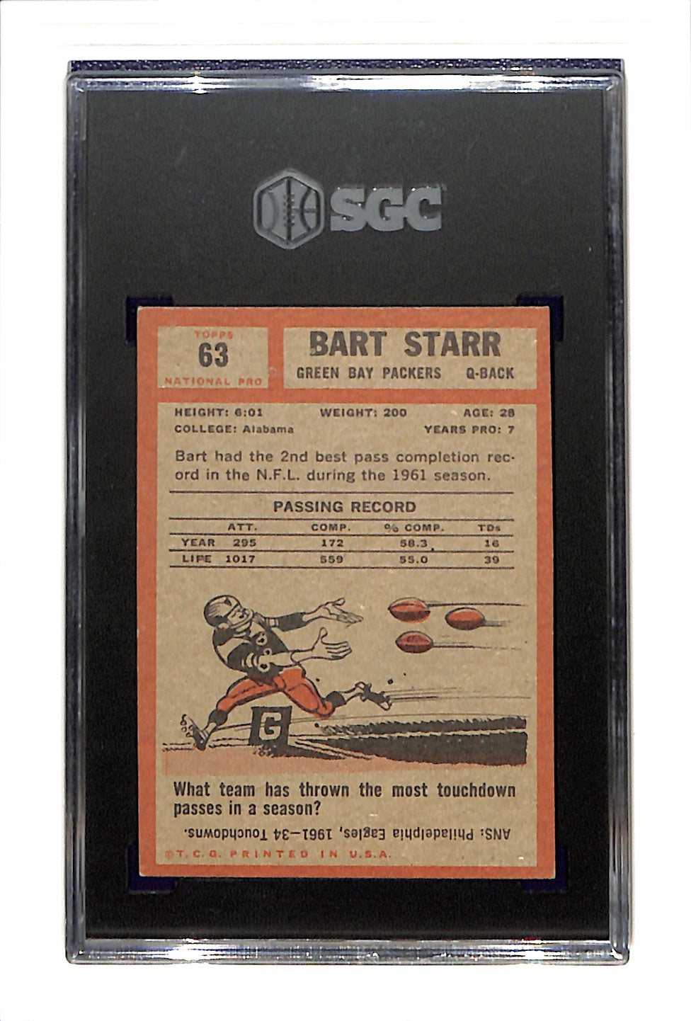 1962 Topps #63 Bart Starr SGC 4.5 SN 3264060