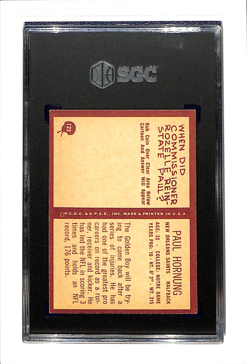 1967 Philadelphia #123 Paul Hornung SGC 6 SN 6034739