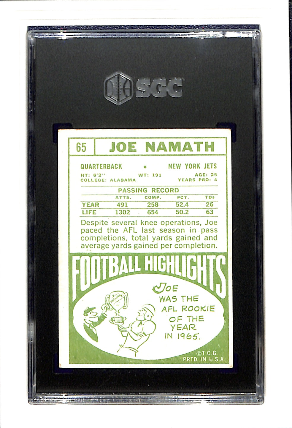 1968 Topps #65 Joe Namath SGC 4.5 SN 4218258