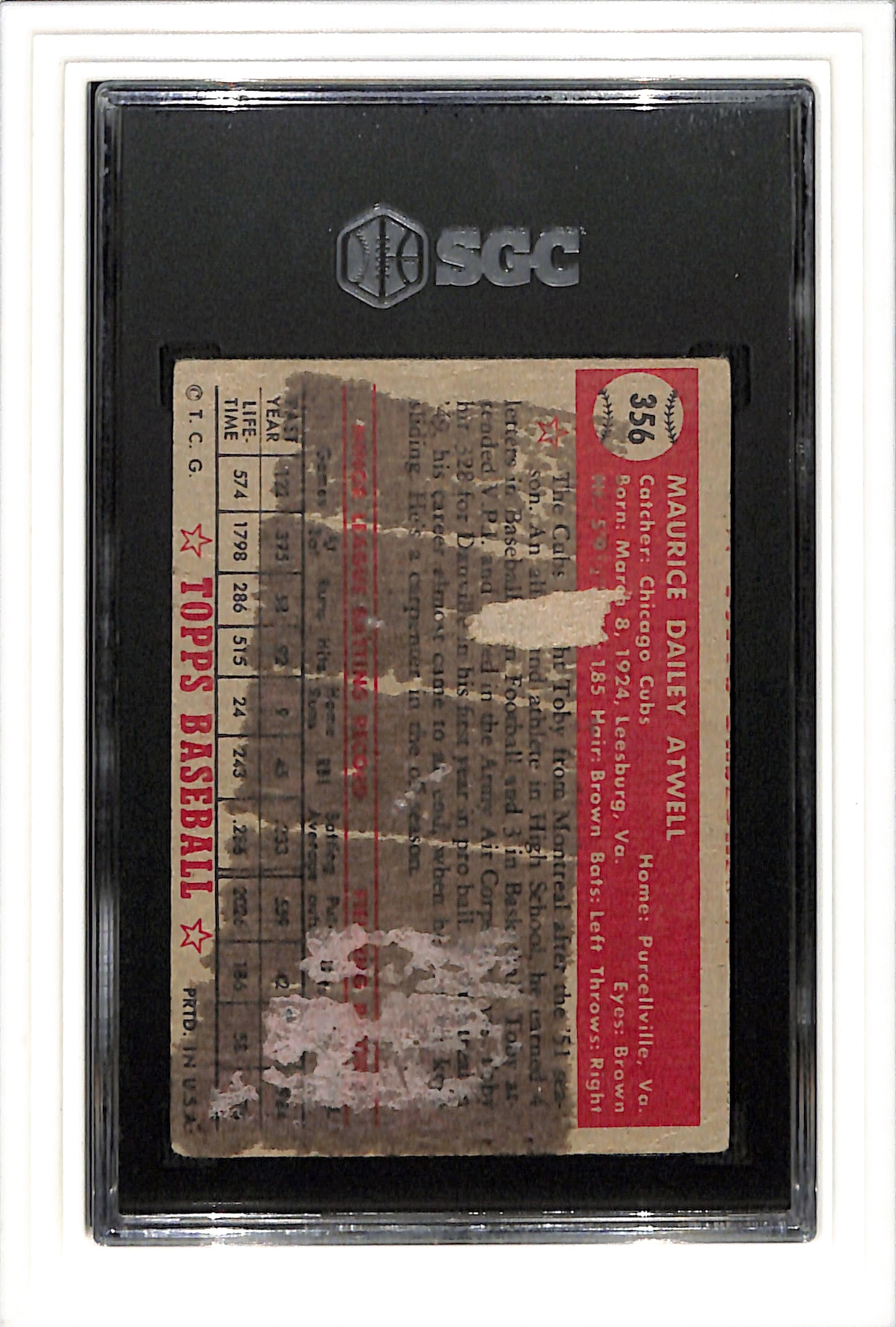 1952 Topps #356 Toby Atwell SGC 1 SN 8326835