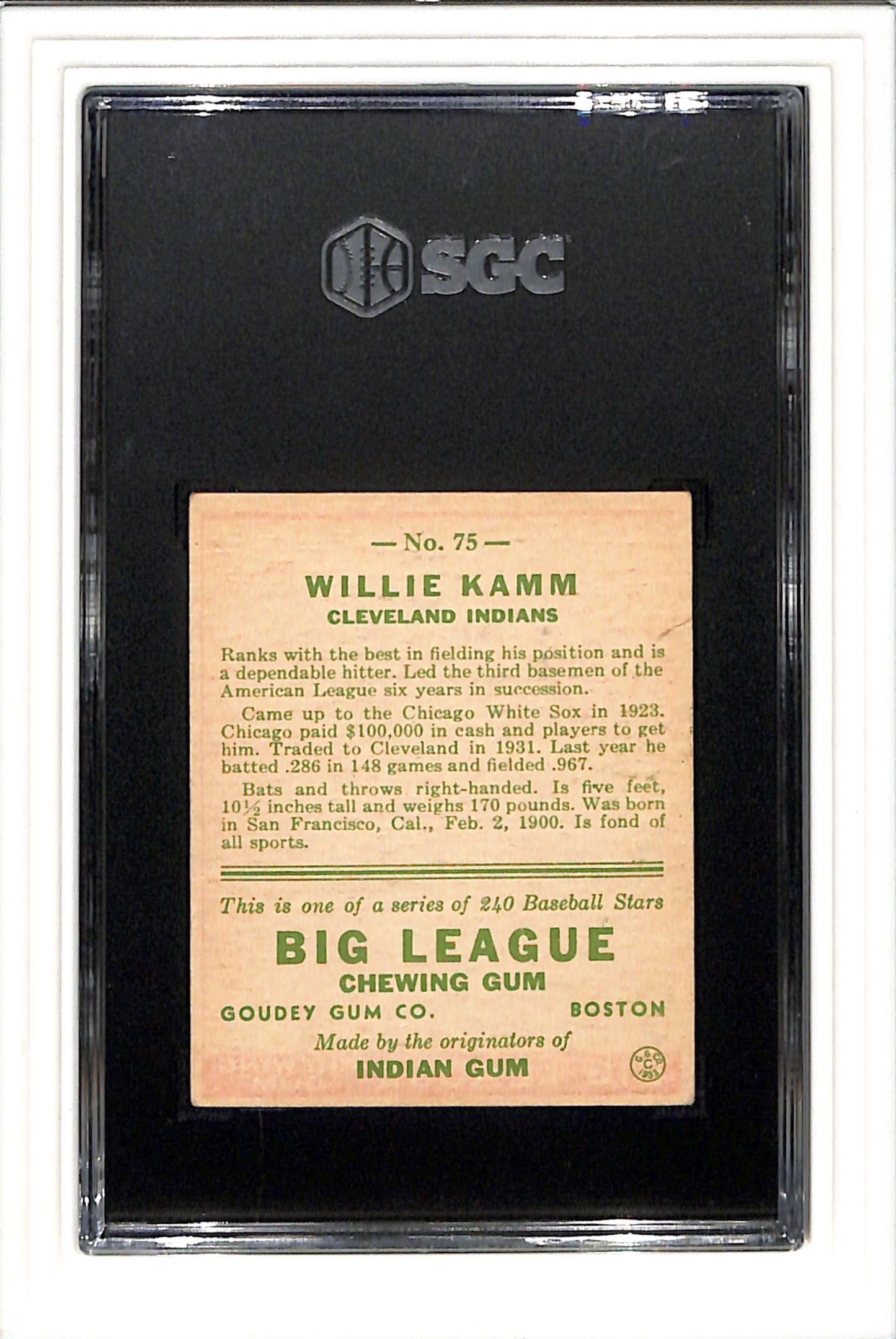 1933 Goudey #75 Willie Kamm SGC 4.5 SN 0218202
