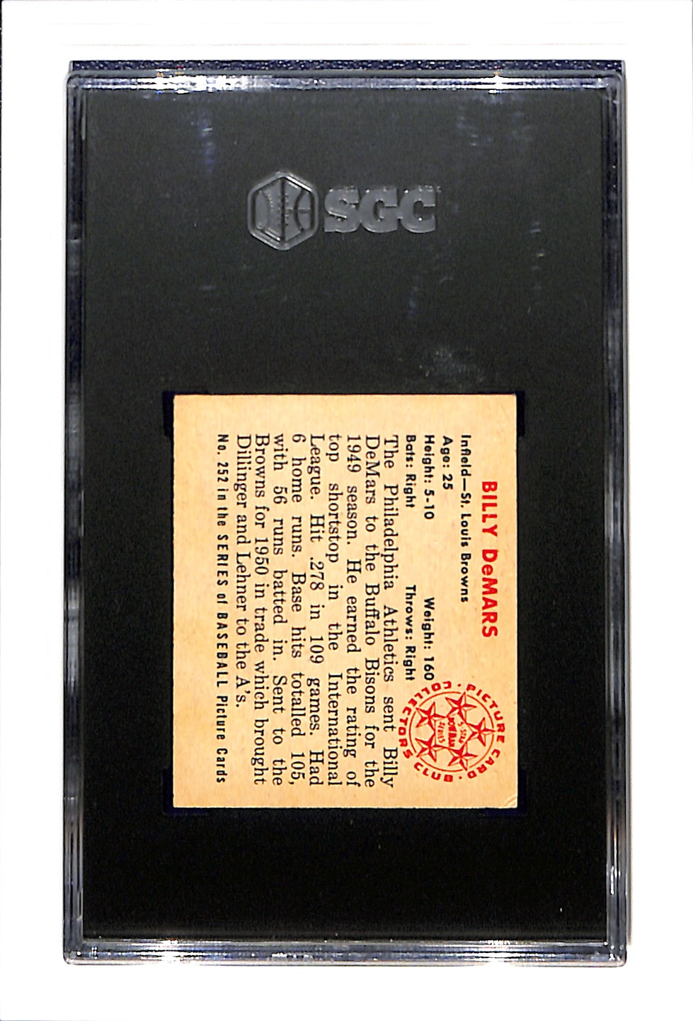 1950 Bowman #252 Billy DeMars SGC 4.5 No Copyright