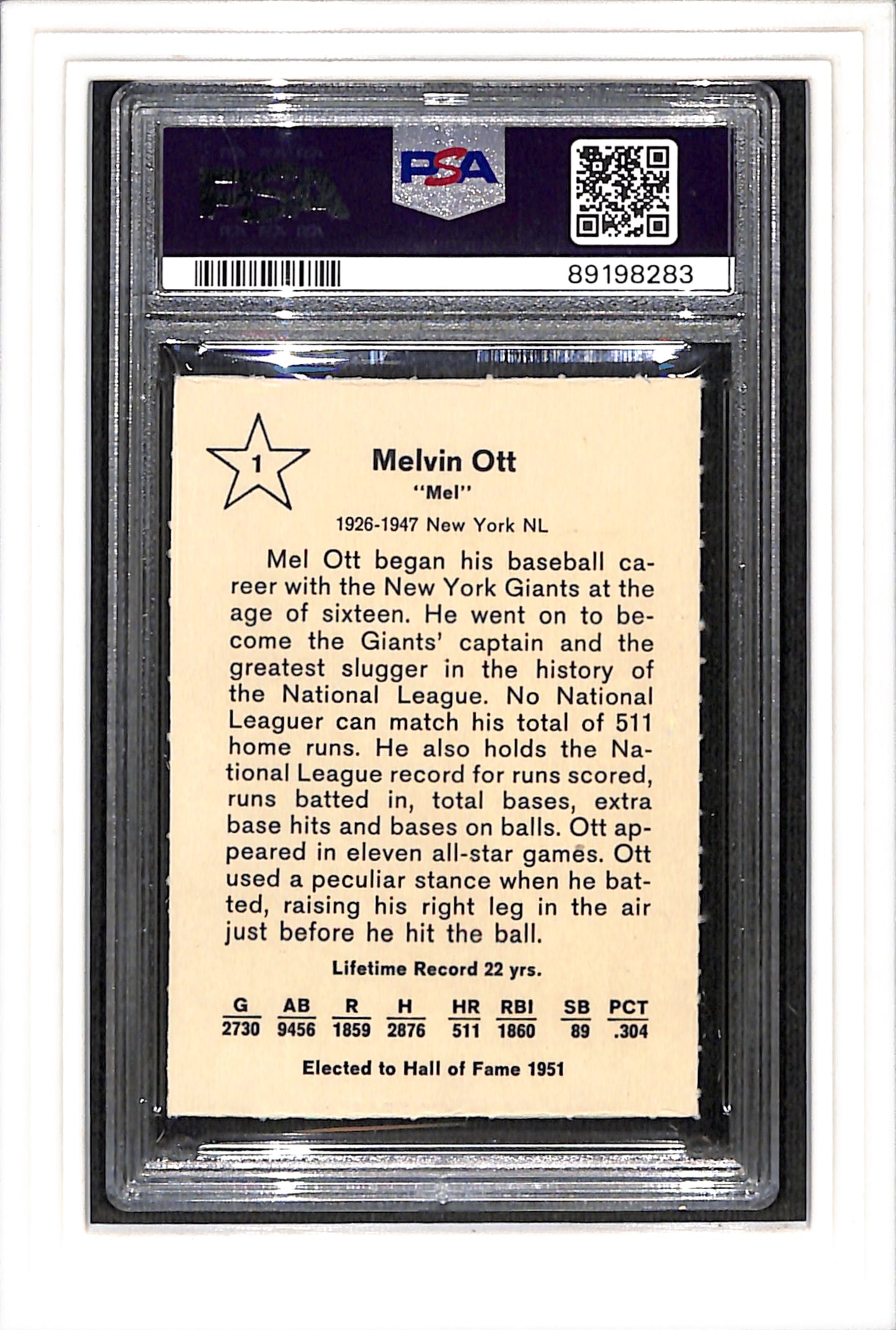 1961 Golden Press #1 Mel Ott PSA 6 New York Giants SN 89198283