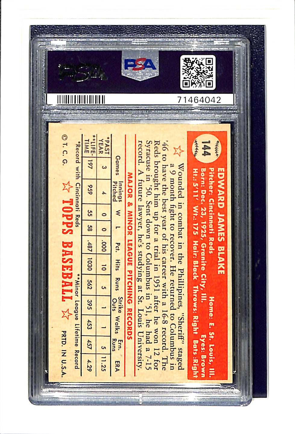 1952 Topps #144 Ed Blake PSA 8 oc Cincinnati Reds
