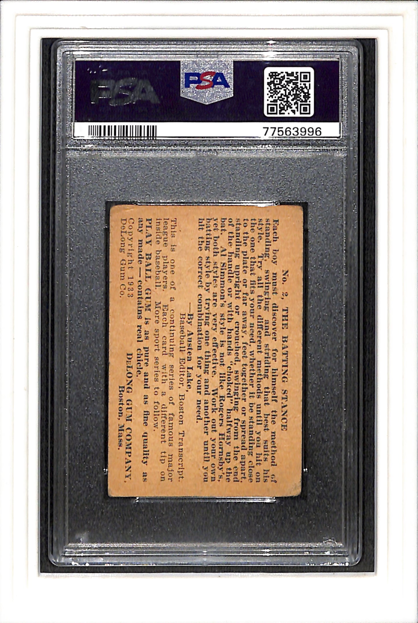 1933 DeLong #2 Al Simmons PSA 2 SN 77563996