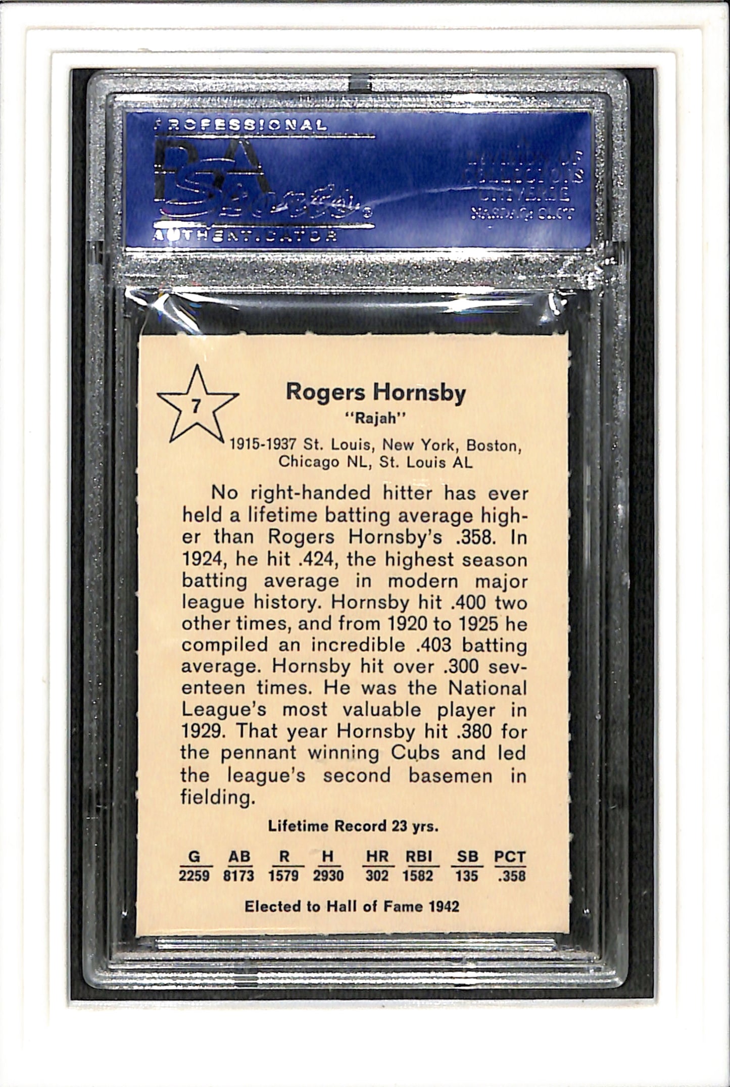 1961 Golden Press #7 Rogers Hornsby PSA 9 St. Louis Cardinals