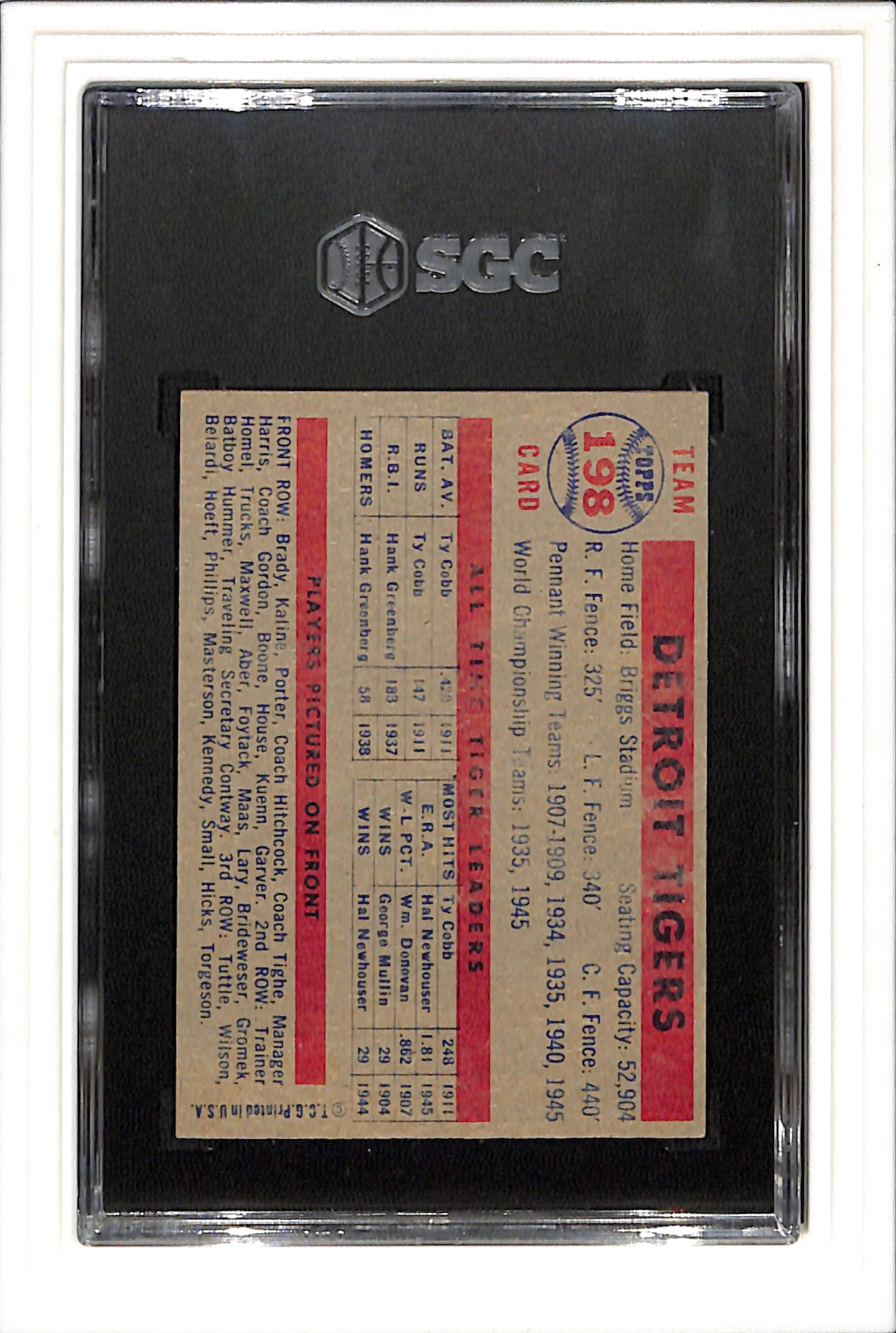 1957 Topps #198 Detroit Tigers Team Card SGC 7 SN 9388647