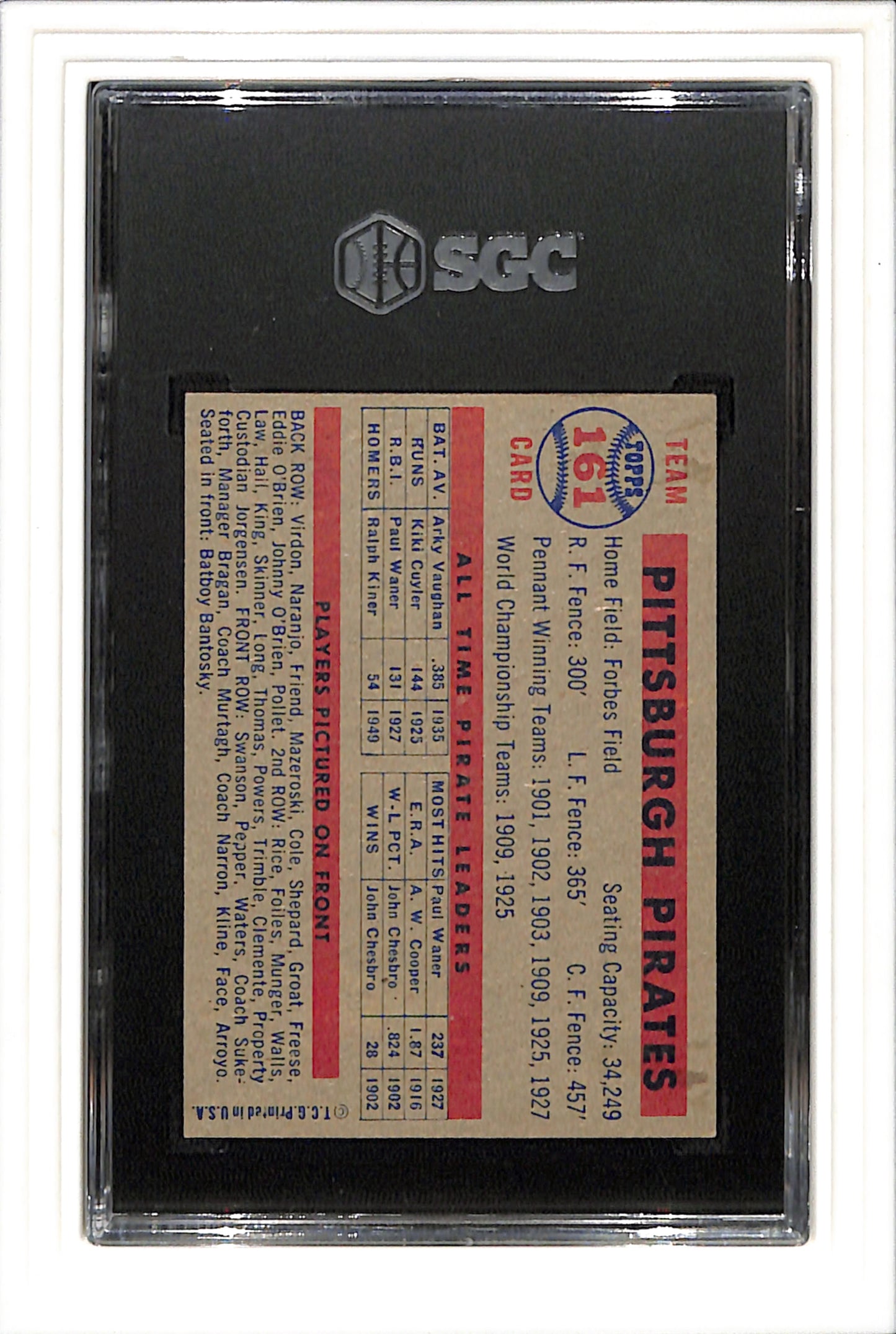 1957 Topps #161 Pittsburgh Pirates Team Card SGC 6.5 SN 2158871 Clemente