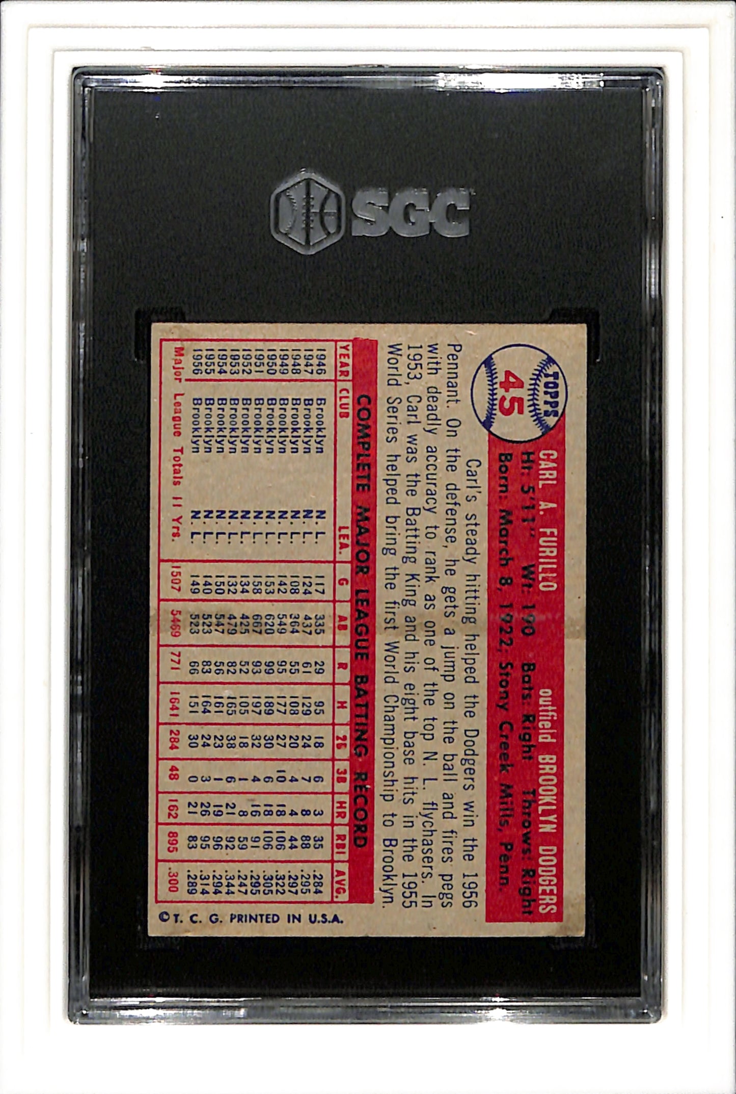 1957 Topps #45 Carl Furillo SGC 6.5 SN 3384326