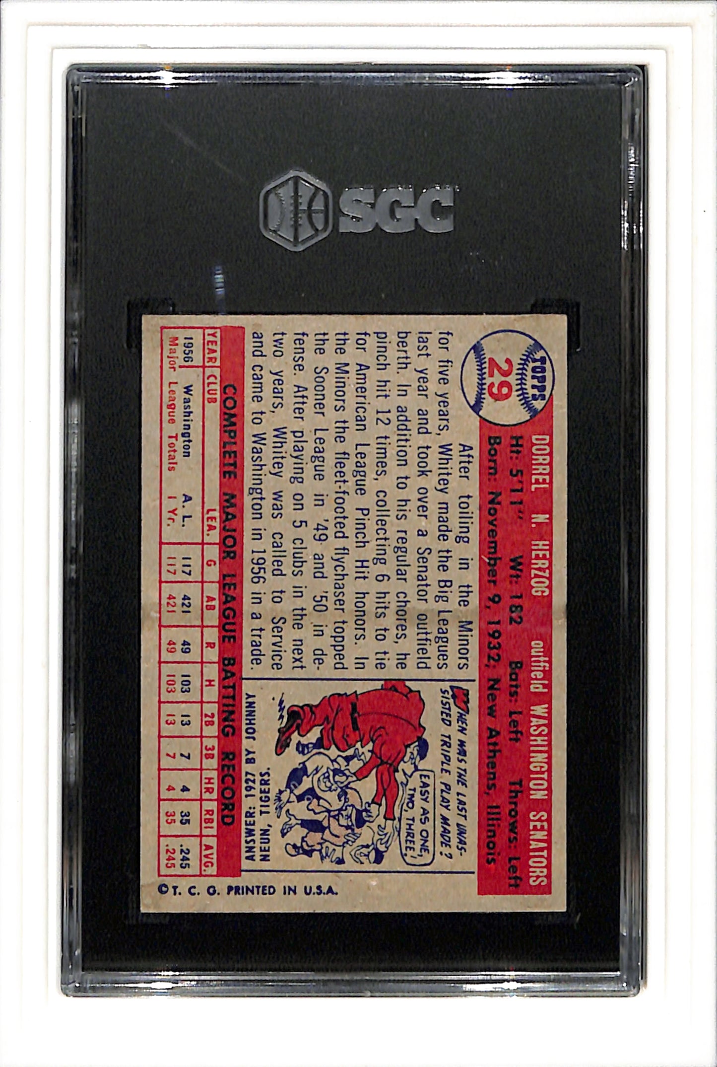 1957 Topps #29 Whitey Herzog SGC 6.5 SN 9026426