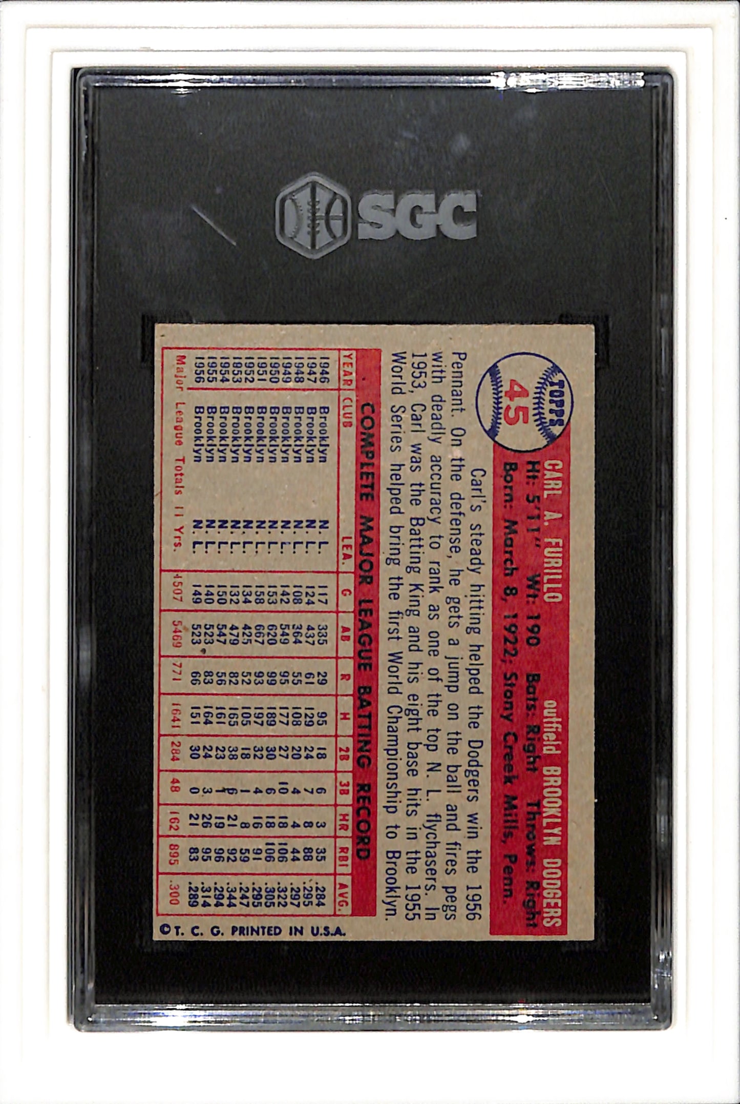 1957 Topps #45 Carl Furillo SGC 6 SN 4824979