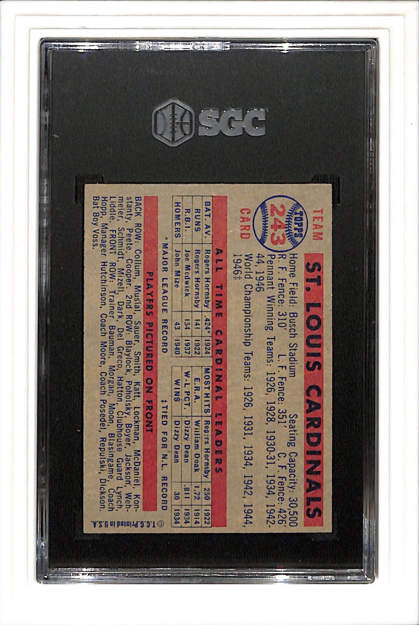 1957 Topps #243 St Louis Cardinals Team Card SGC 6.5 SN 8254288