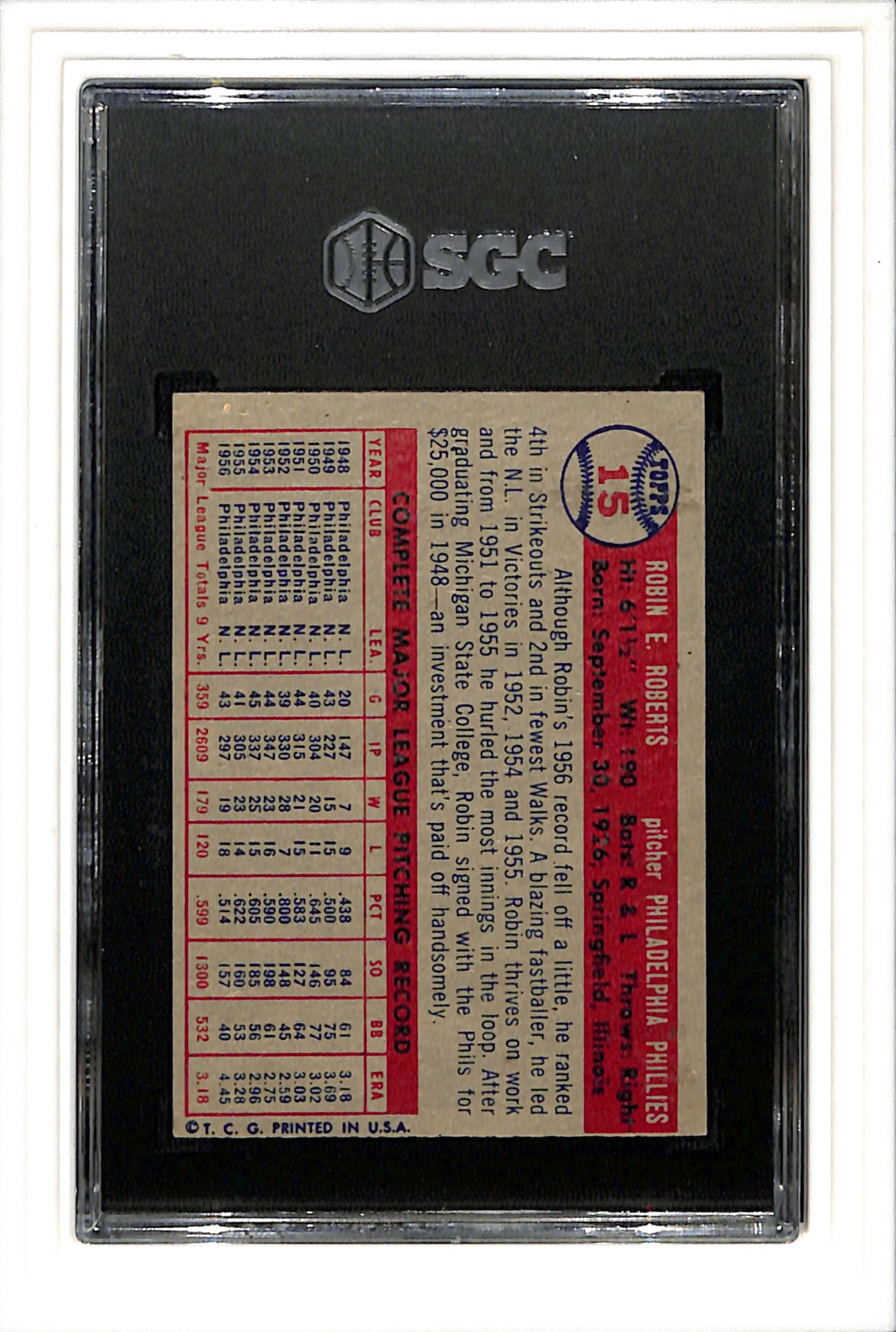 1957 Topps #15 Robin Roberts SGC 5.5 SN 7547494
