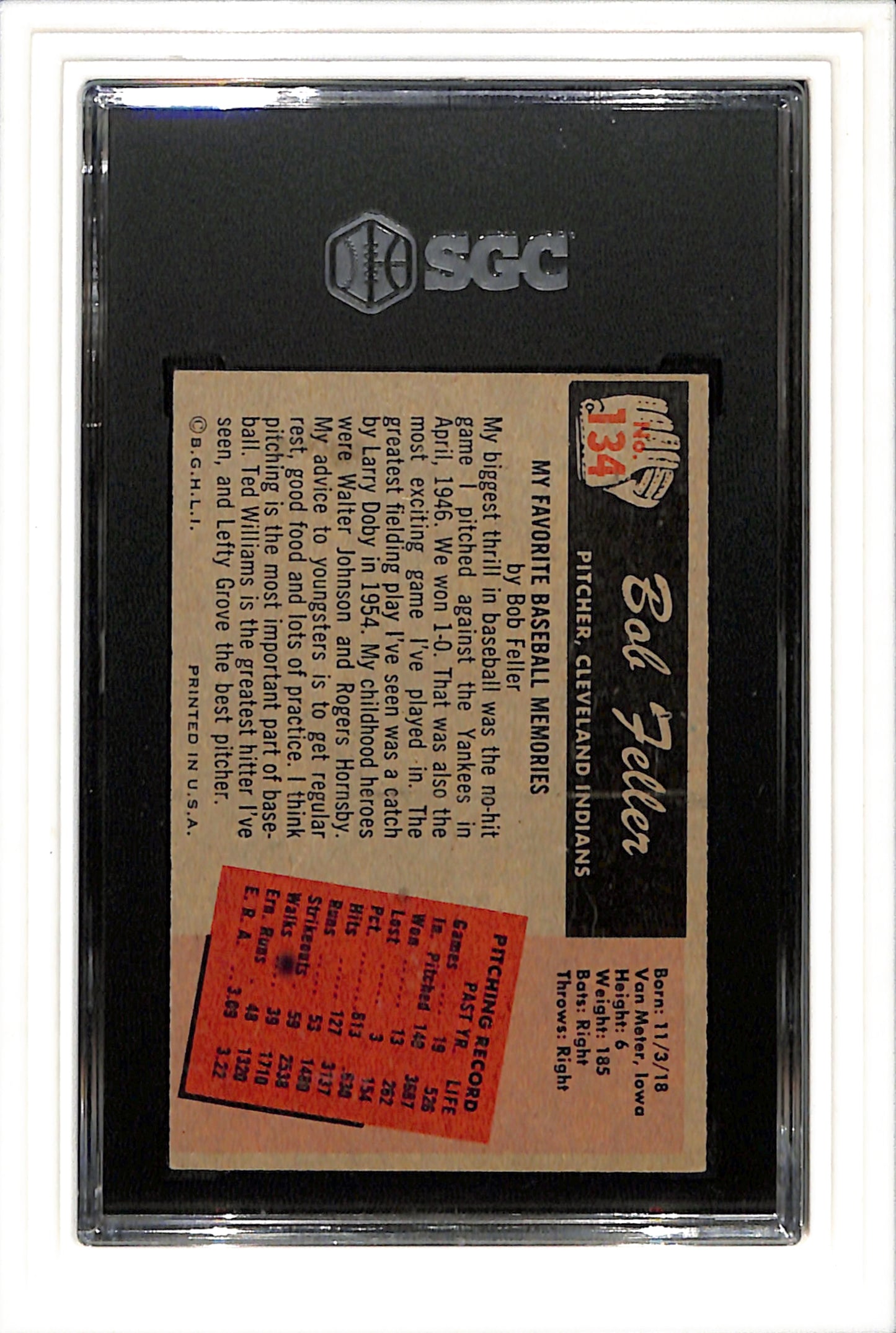 1955 Bowman #134 Bob Feller SGC 5.5 SN 1929942 Great Eye Appeal