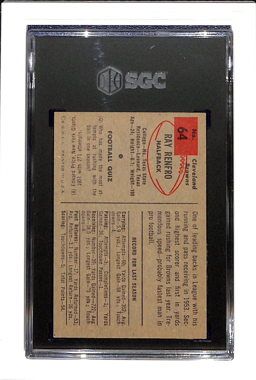 1954 Bowman #64 Ray Renfro Browns SGC 7 SN 7522606