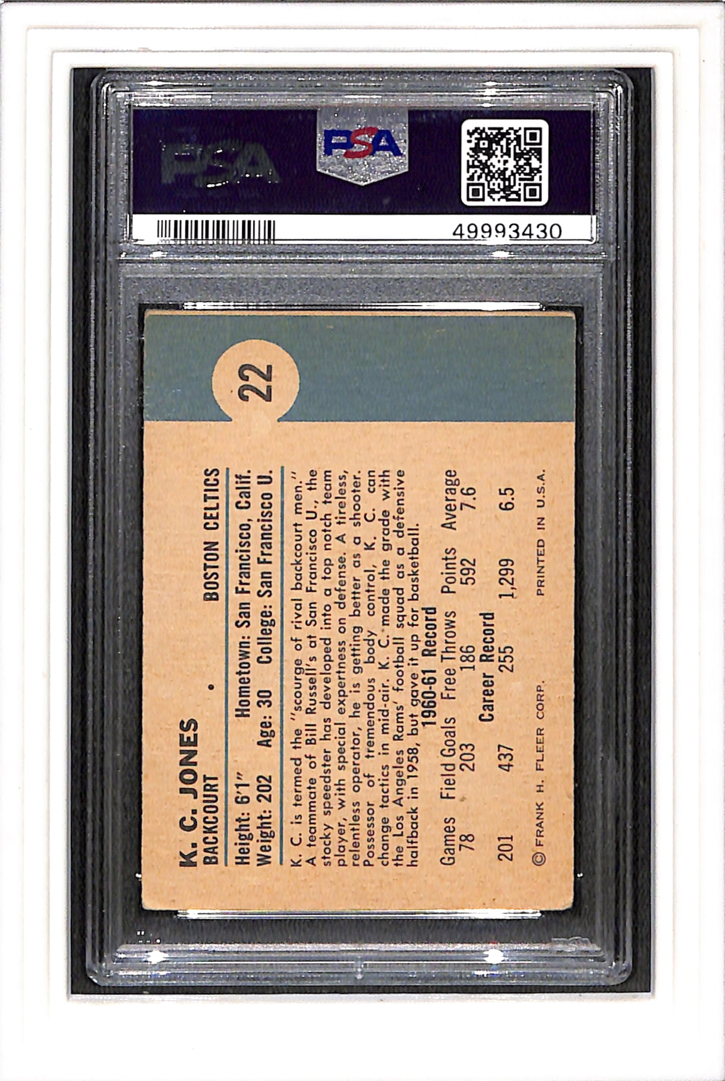 1961-62 Fleer #22 KC Jones PSA 3 SN 49993430