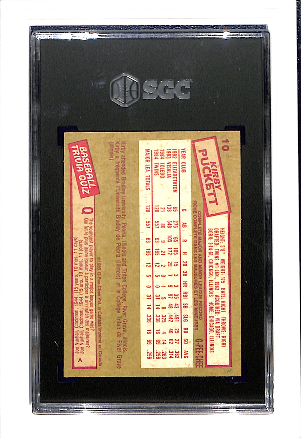 1985 OPC O'Pee Chee #10 Kirby Puckett RC SGC 7