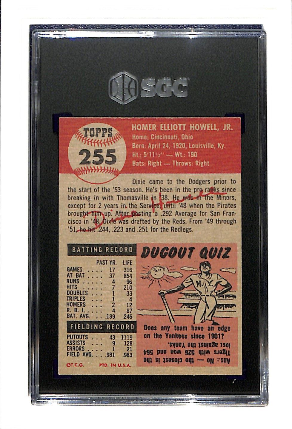 1953 Topps #255 Dixie Howell SGC 7 High # SP Brooklyn Dodgers