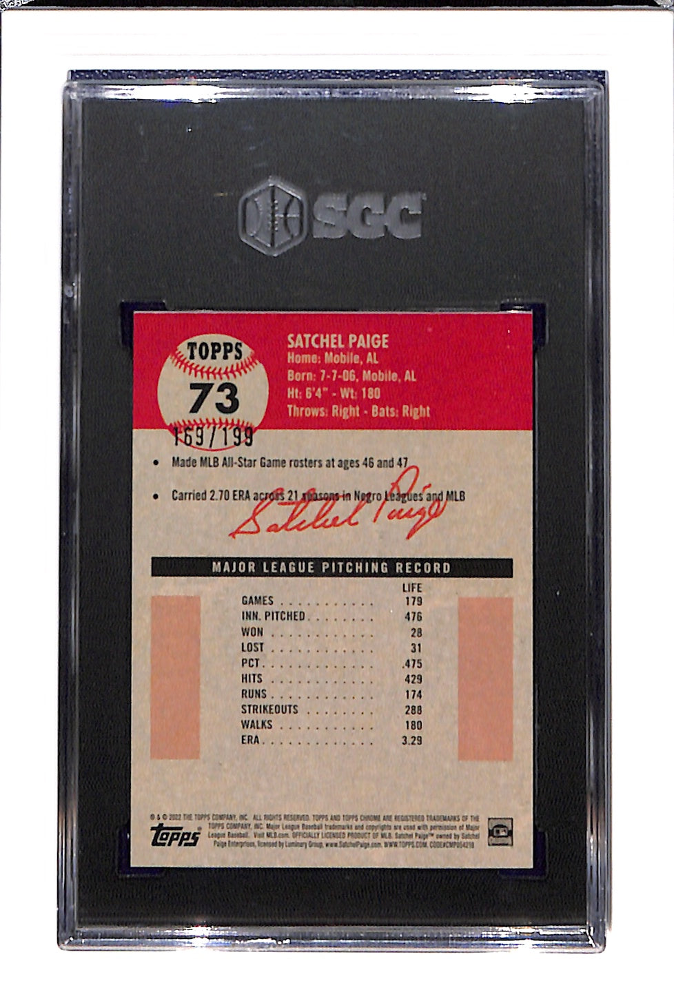 2022 Topps Chrome Platinum Anniversary #73 Satchel Paige Blue Mini Diamond SGC 9.5 SN 9147435