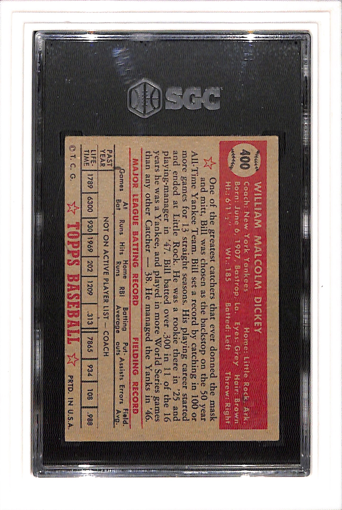 1952 Topps #400 Bill Dickey SGC 3 SN 1199711
