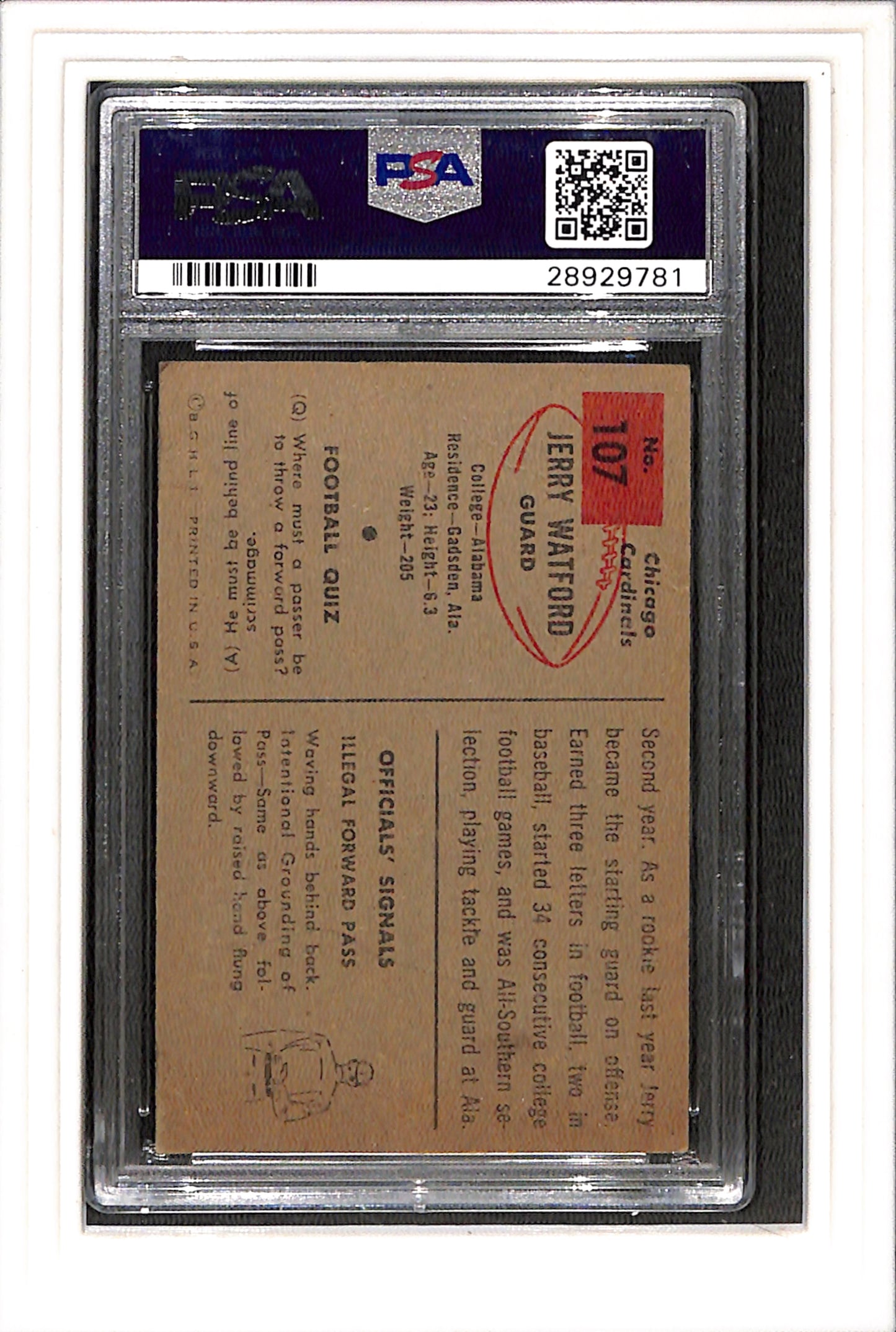 1954 Bowman #107 Jerry Watford PSA 1 SN 28929781