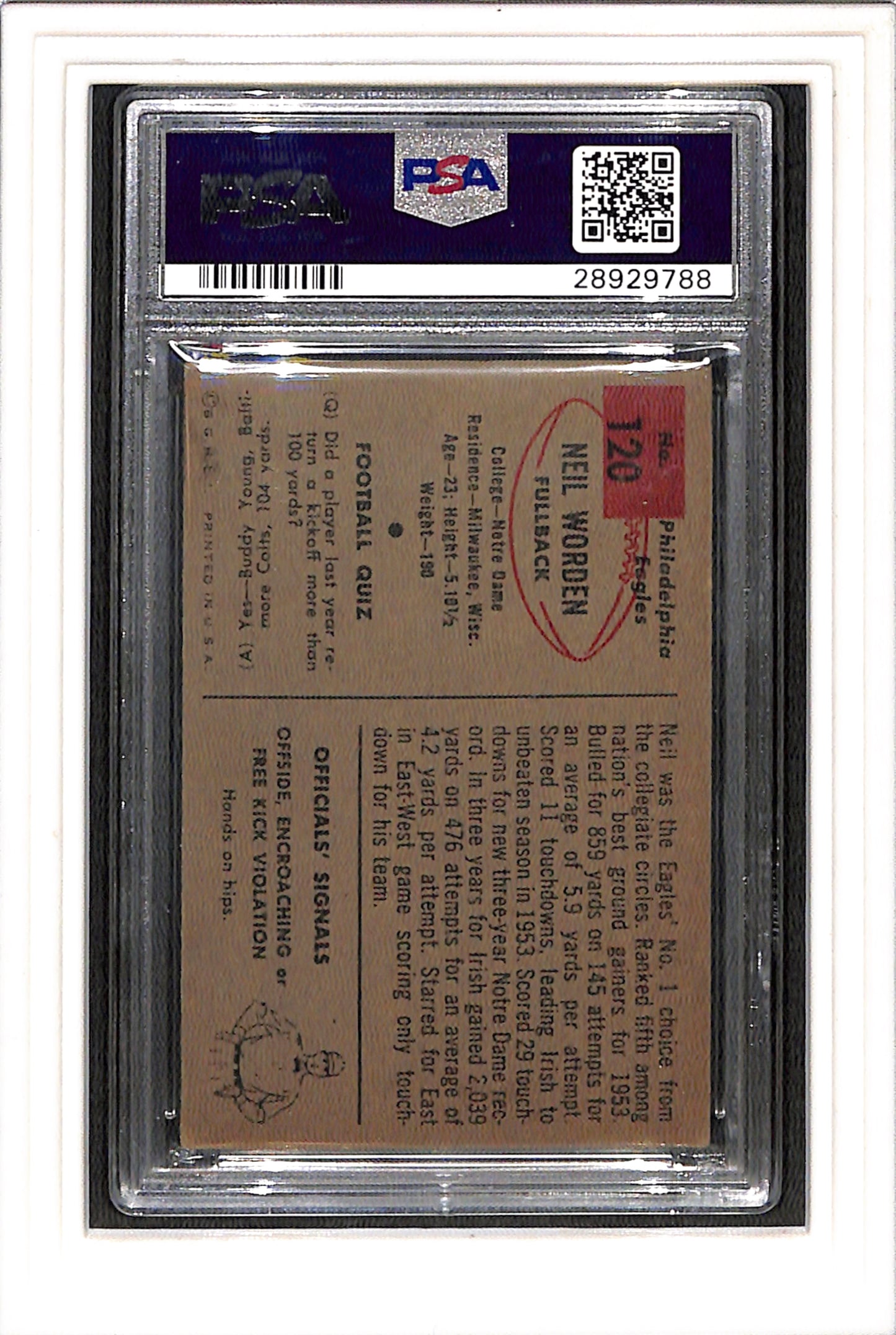 1954 Bowman #120 Neil Worden PSA 3.5 SN 28929788