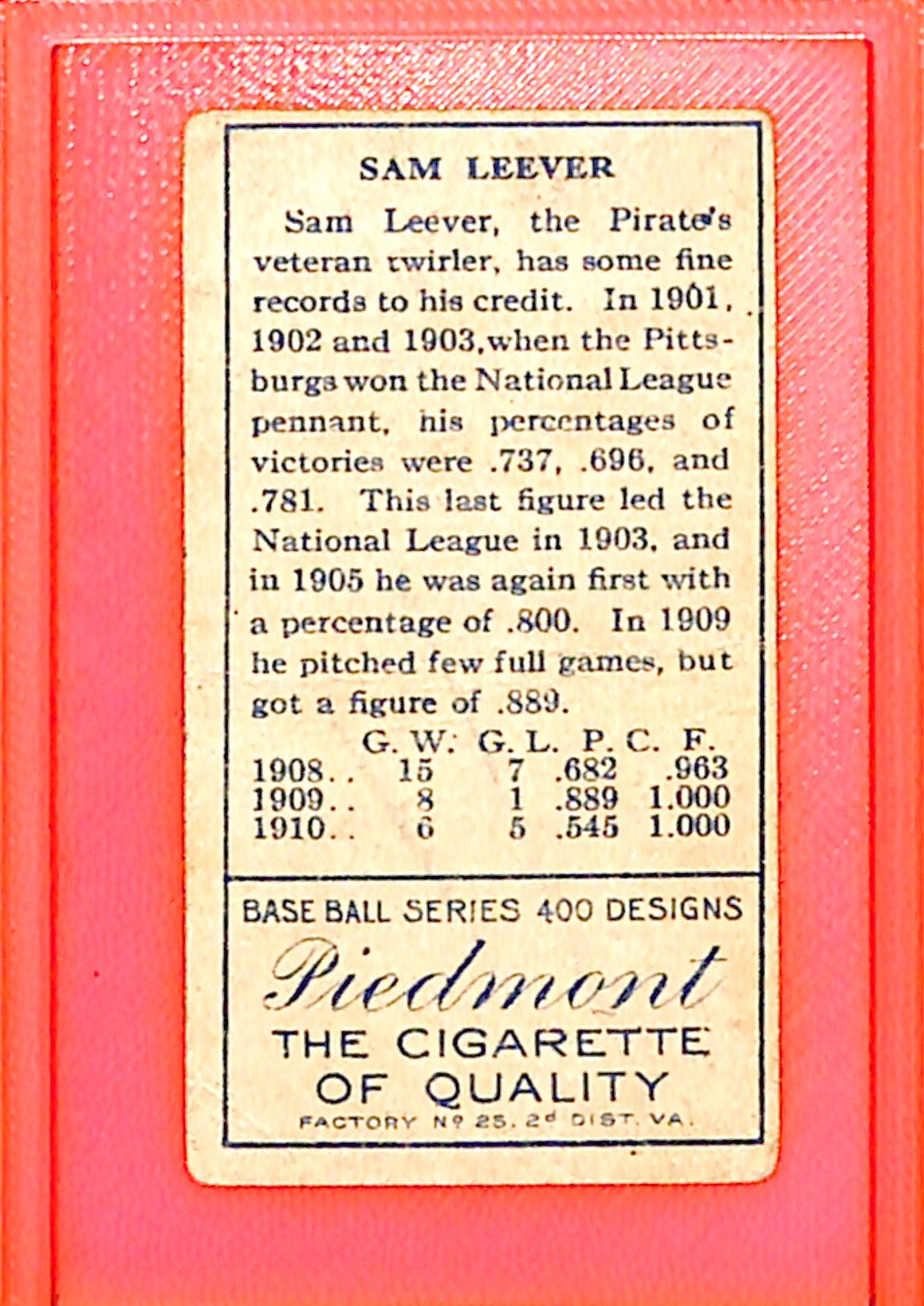 1911 T205 Gold Border Sam Leever Piedmont Pittsburgh Pirates