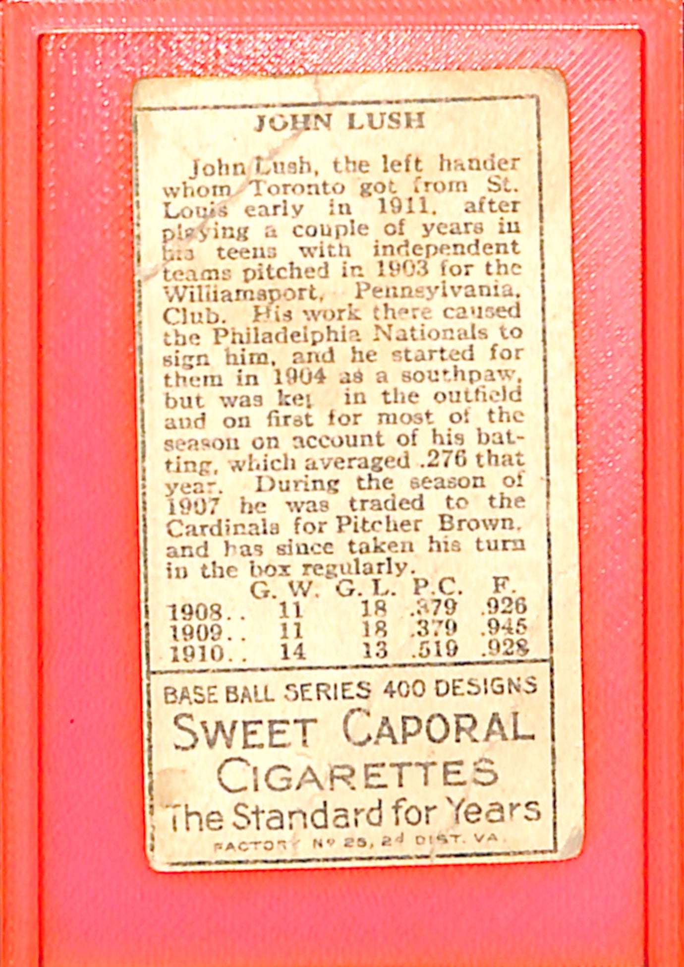 1911 T205 Gold Border Johnny Lush Cardinals