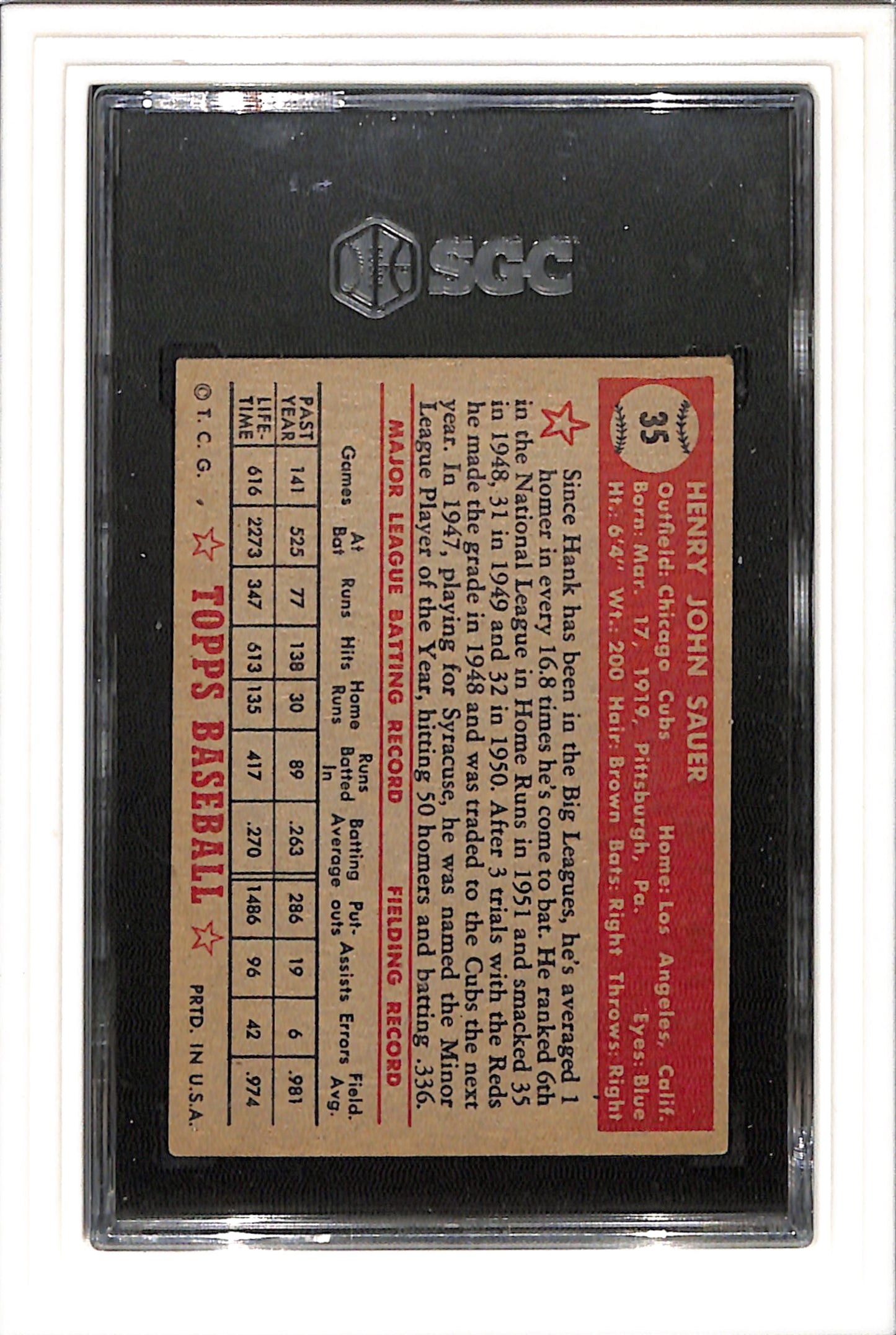 1952 Topps #35 Hank Sauer SGC 3 SN 4773193