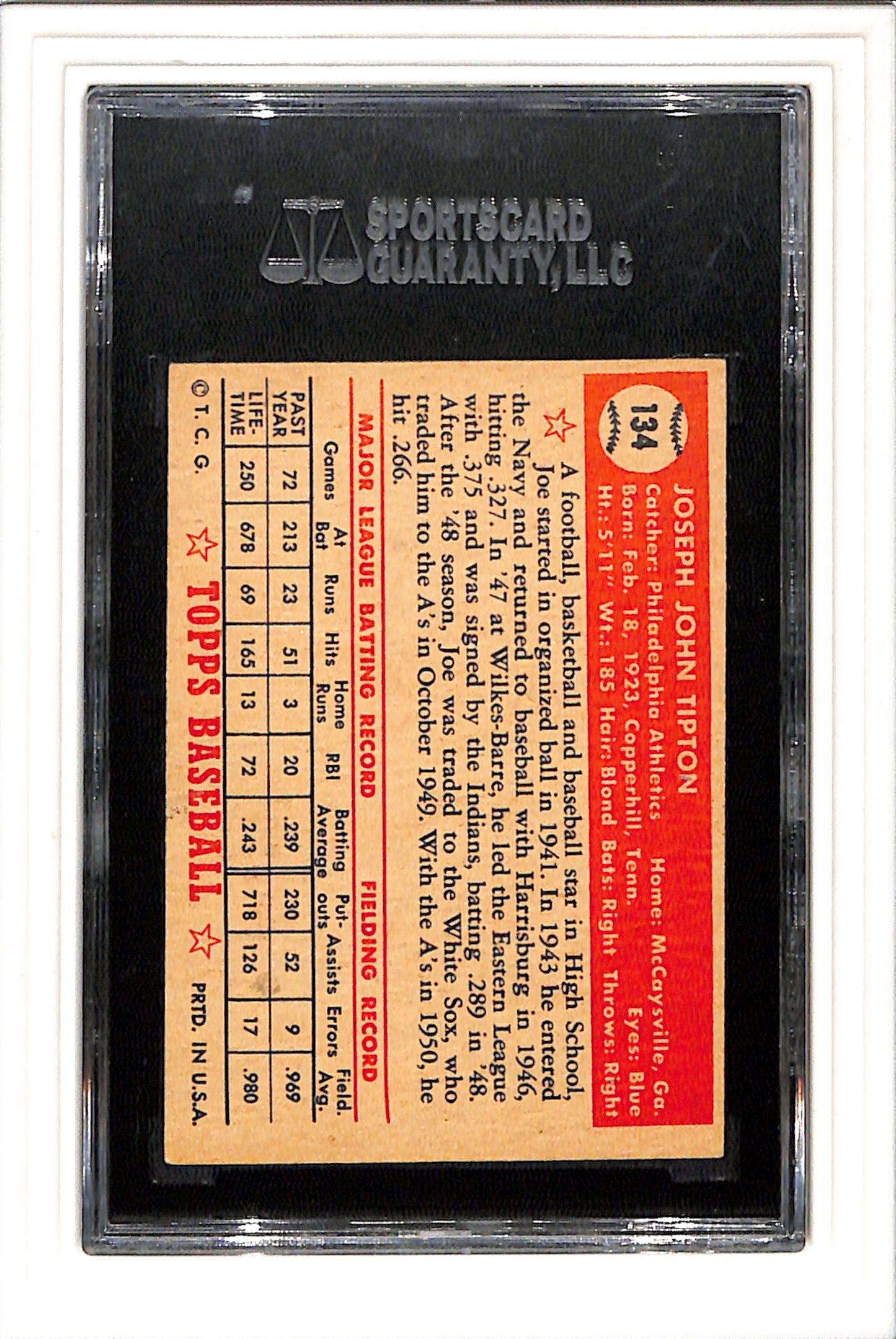 1952 Topps #134 Joe Tipton SGC 5.5