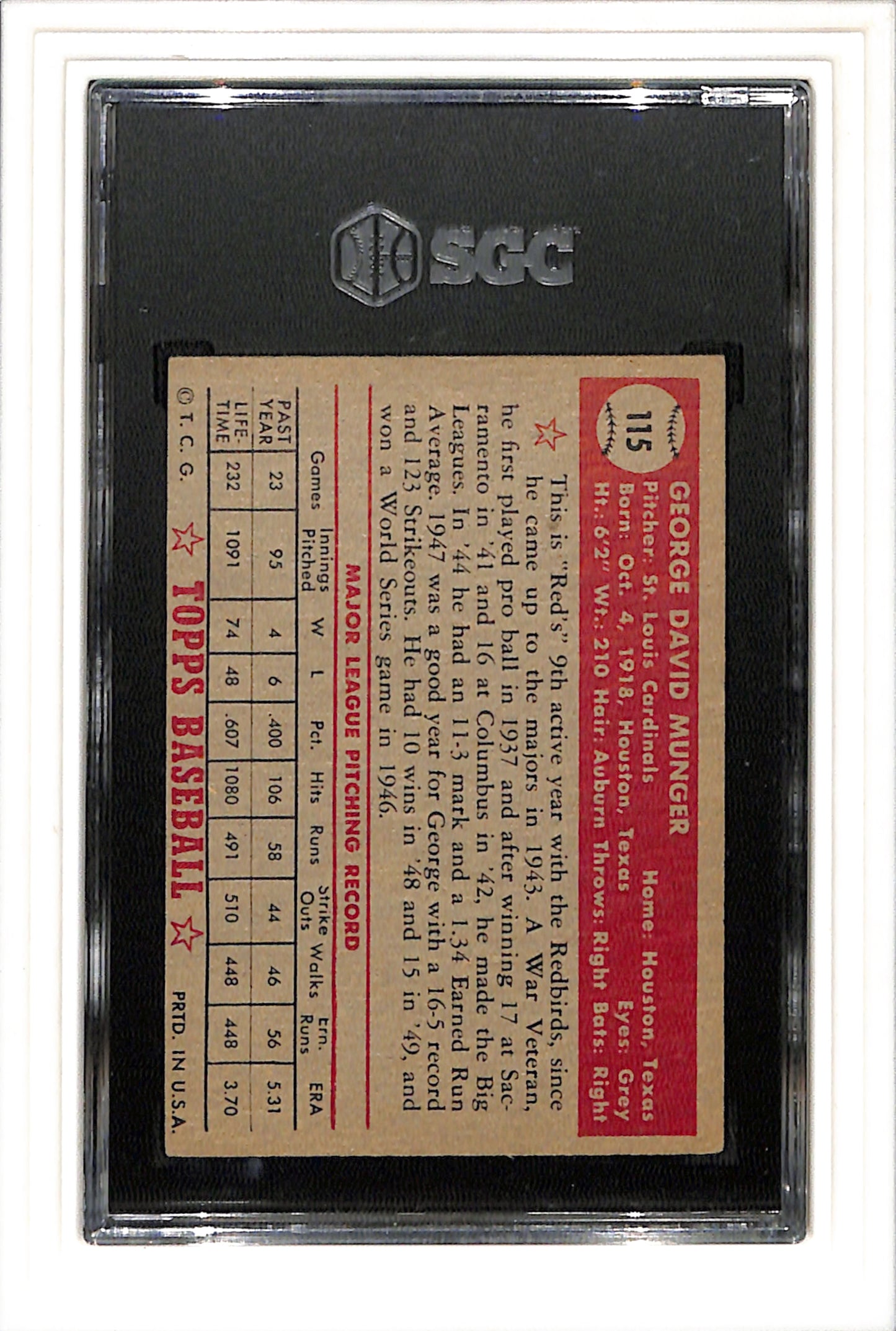 1952 Topps #115 George Munger SGC 5 SN 9563686