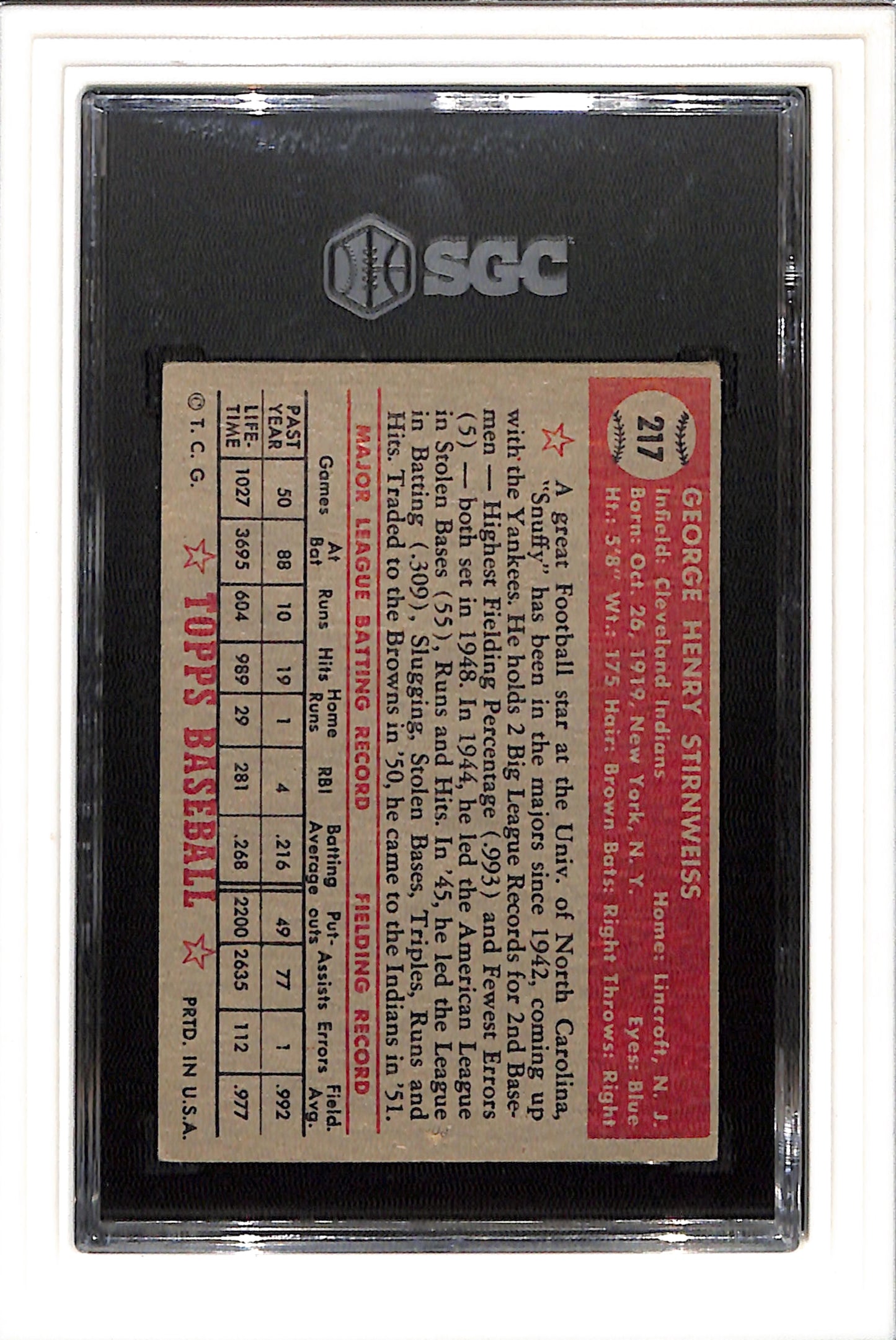 1952 Topps #217 George Stirnweiss SGC 3.5 SN 1650853