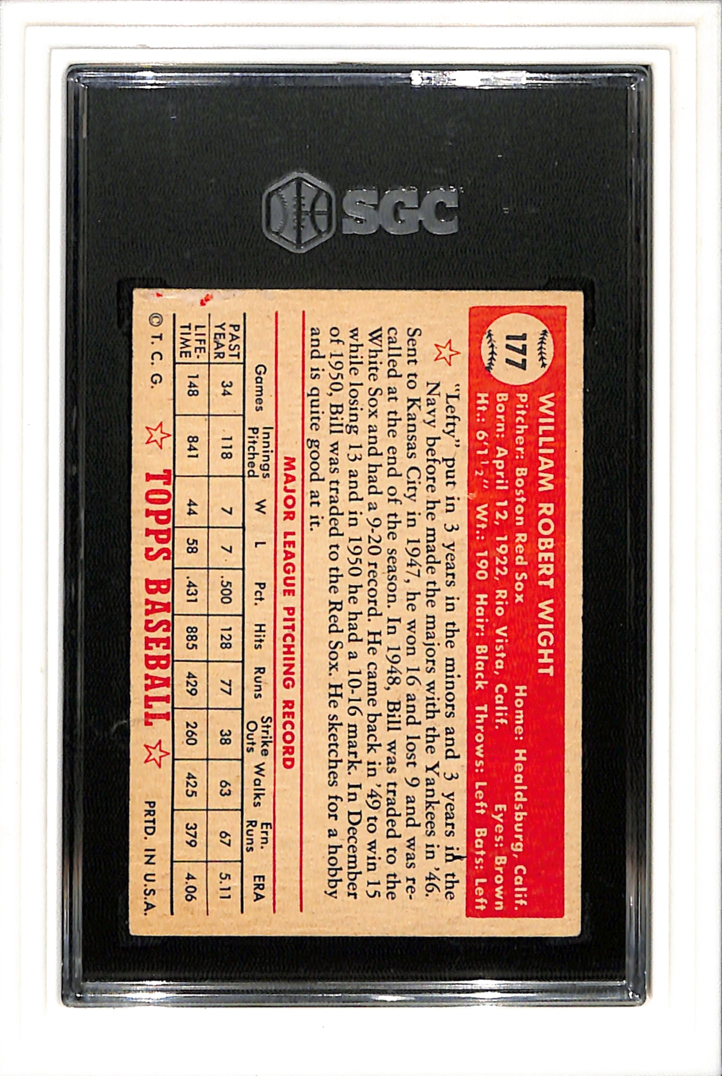 1952 Topps #177 Bil Wight SGC 2.5 SN 1891014