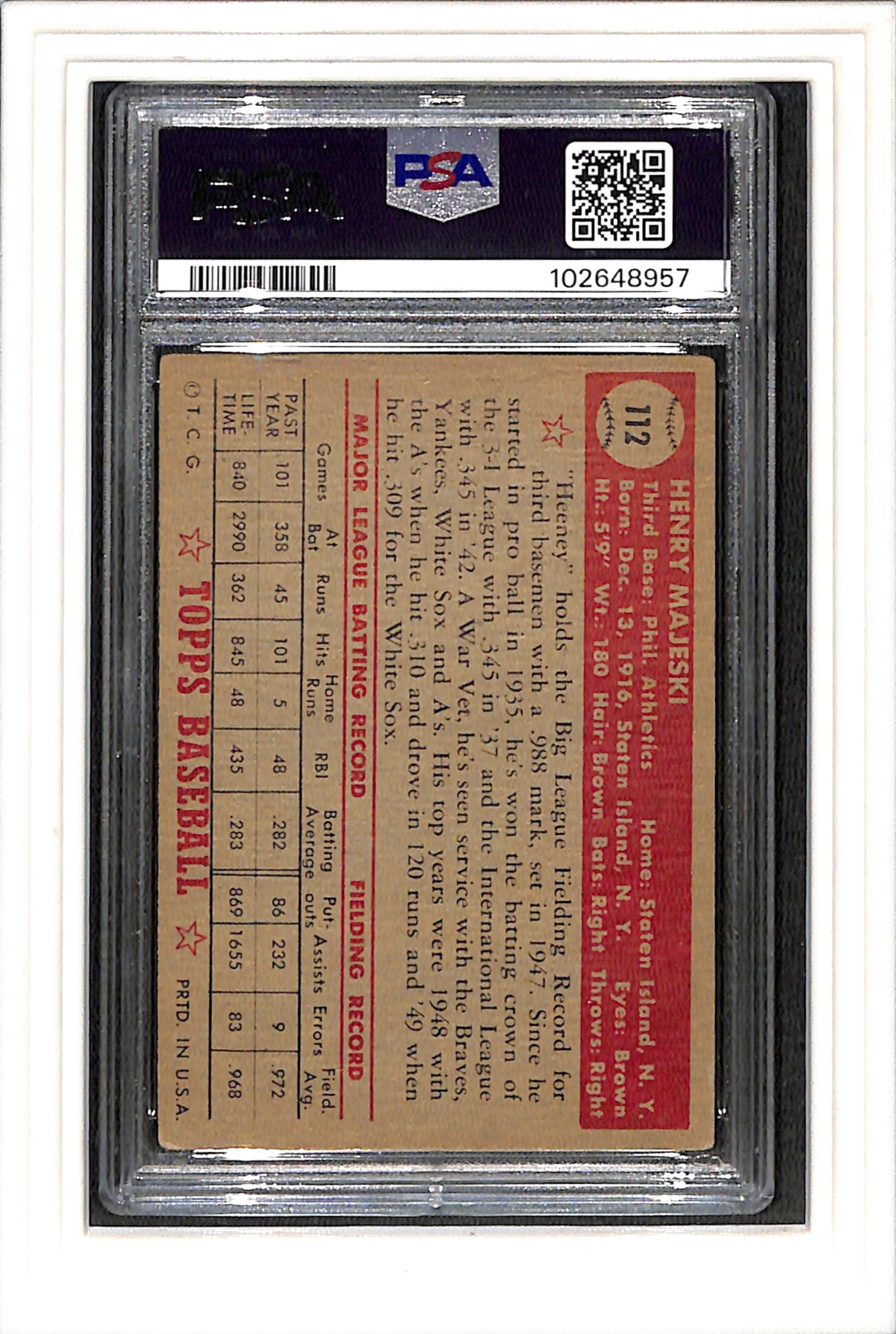 1952 Topps #112 Henry Majeski PSA 3 SN 102648957