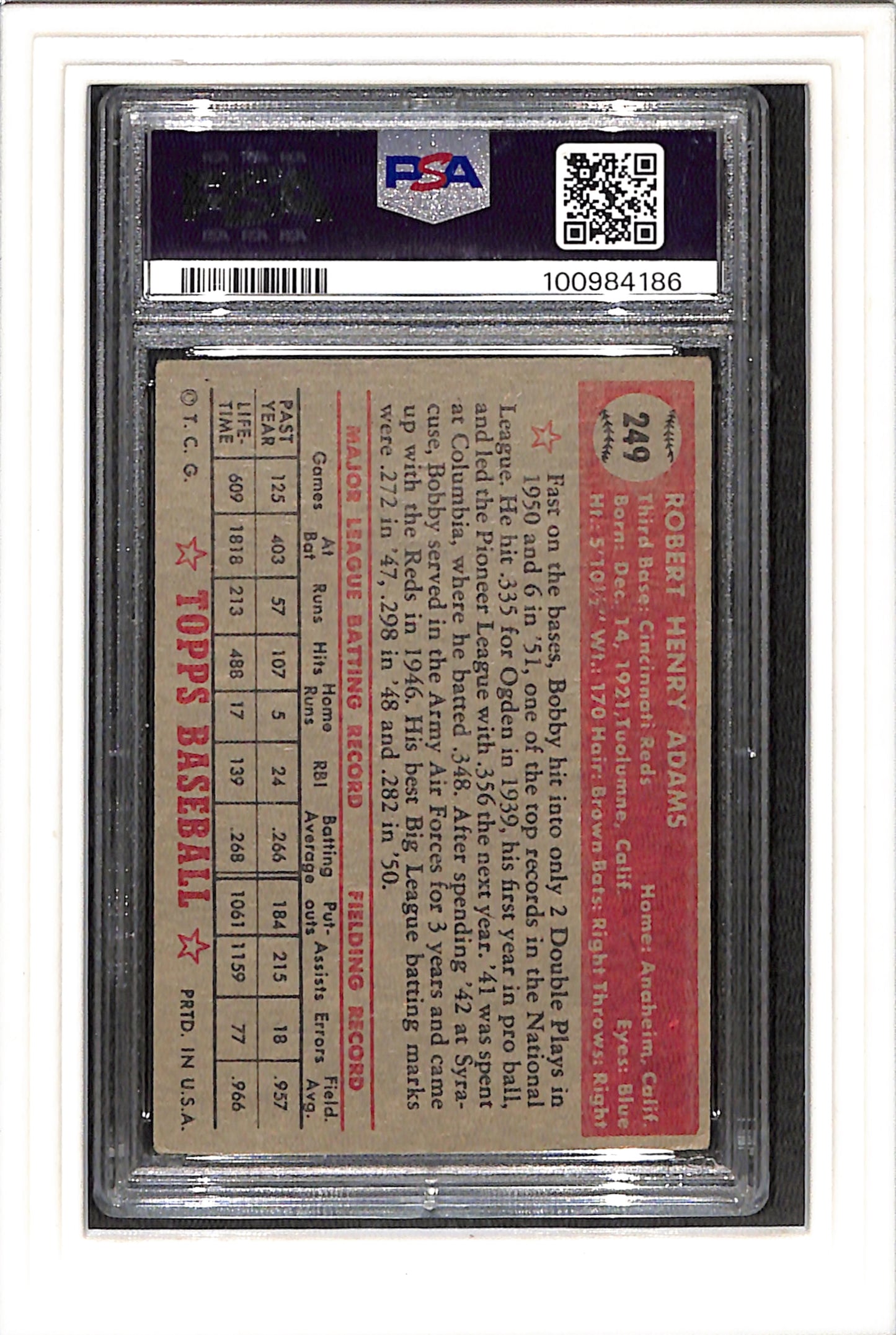 1952 Topps #249 Bobby Adams PSA 3 SN 100984186