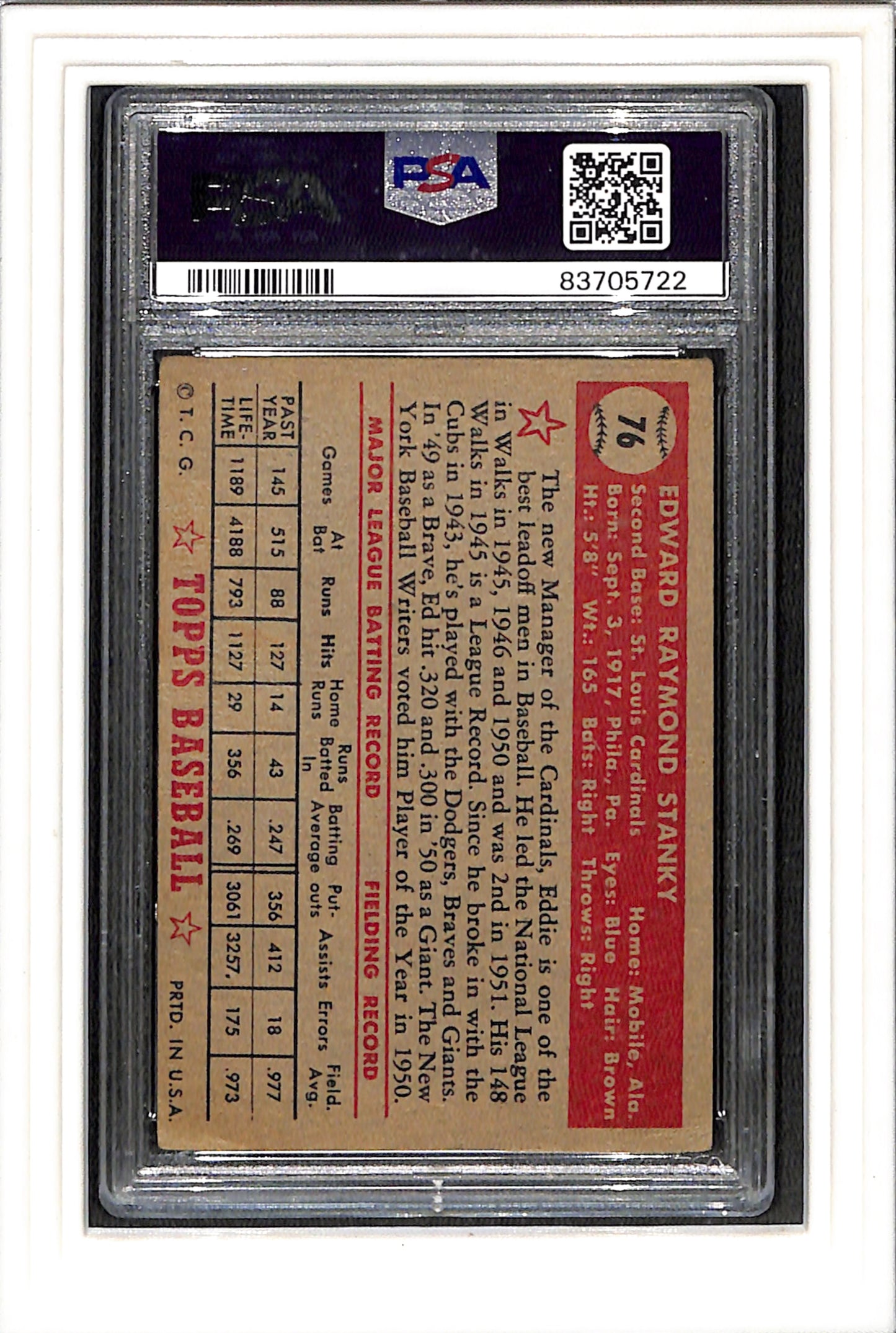 1952 Topps #76 Eddie Stanky PSA 3 SN 83705722