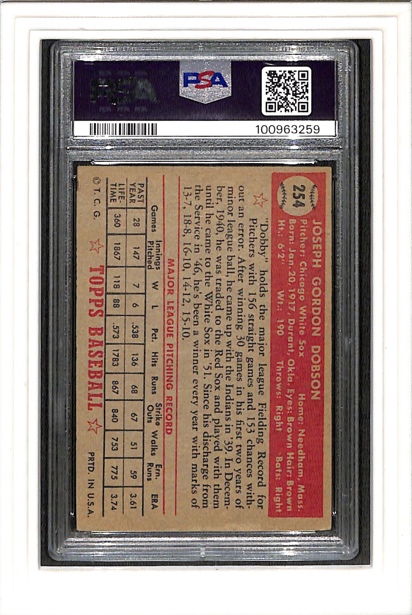 1952 Topps #254 Joe Dobson PSA 3 SN 100963259