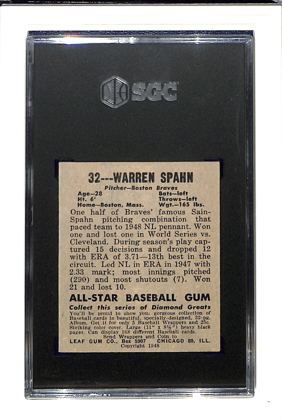 1948 Leaf #32 Warren Spahn RC Rookie HOF SGC 5 SN 5642559