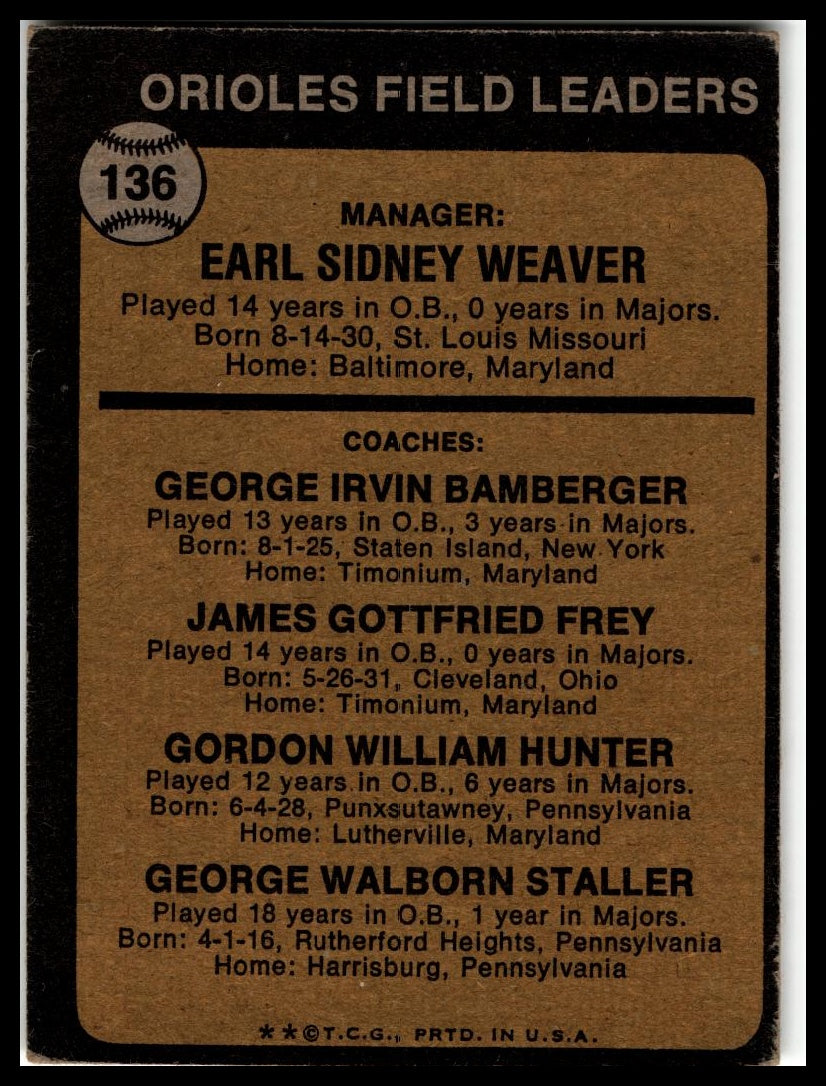 1973 Topps #136 Orioles Field Leaders Earl Weaver