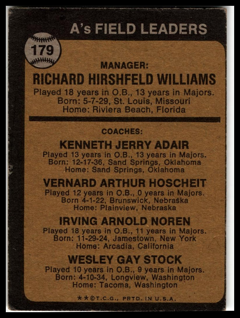 1973 Topps #179b A's Field Leaders Dick Williams