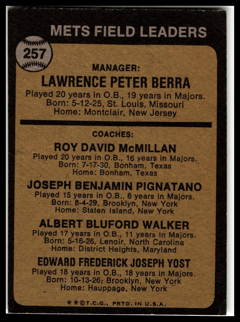 1973 Topps #257 Mets Field Leaders Yogi Berra