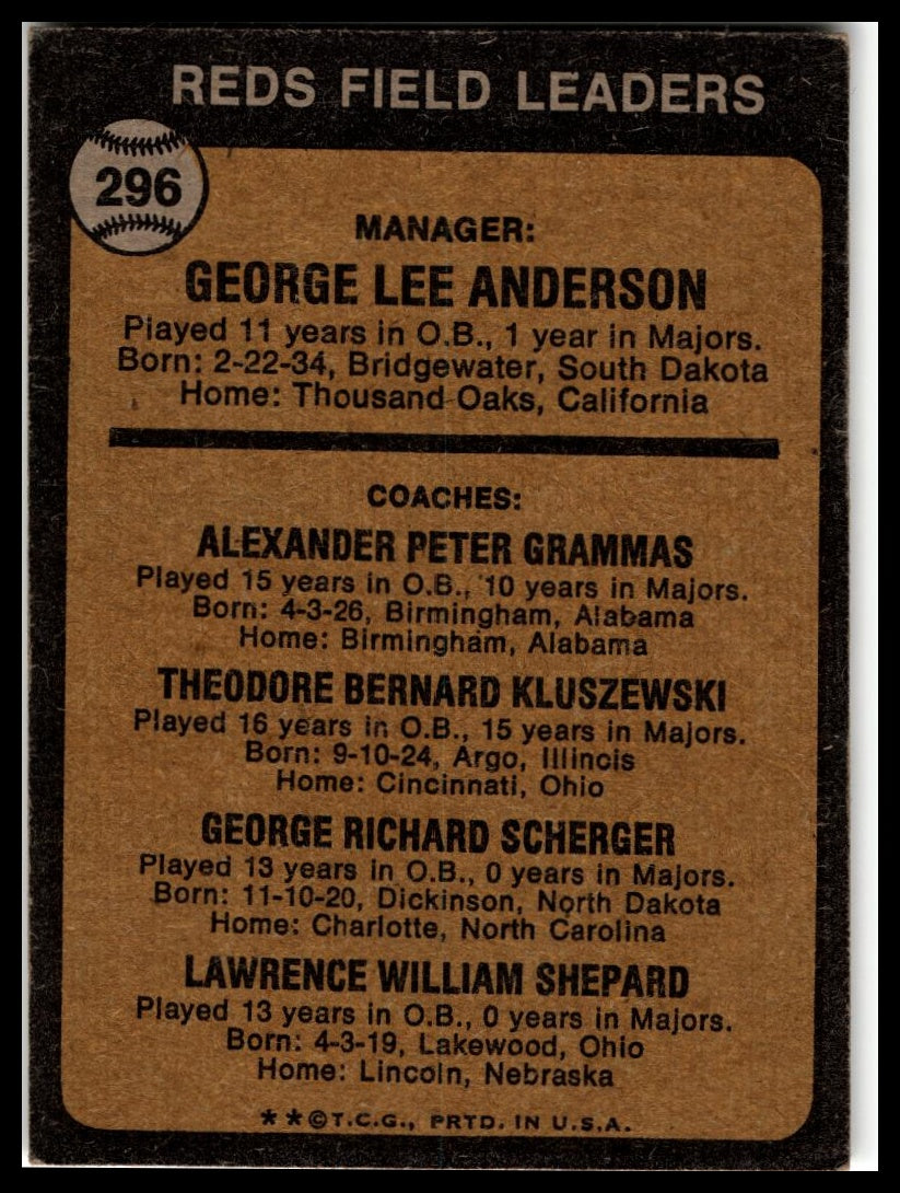 1973 Topps #296 Reds Field Leaders