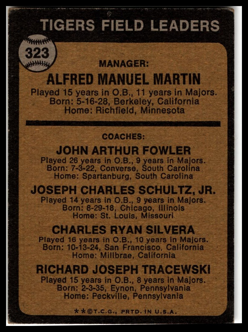 1973 Topps #323 Tigers Field Leaders Billy Martin