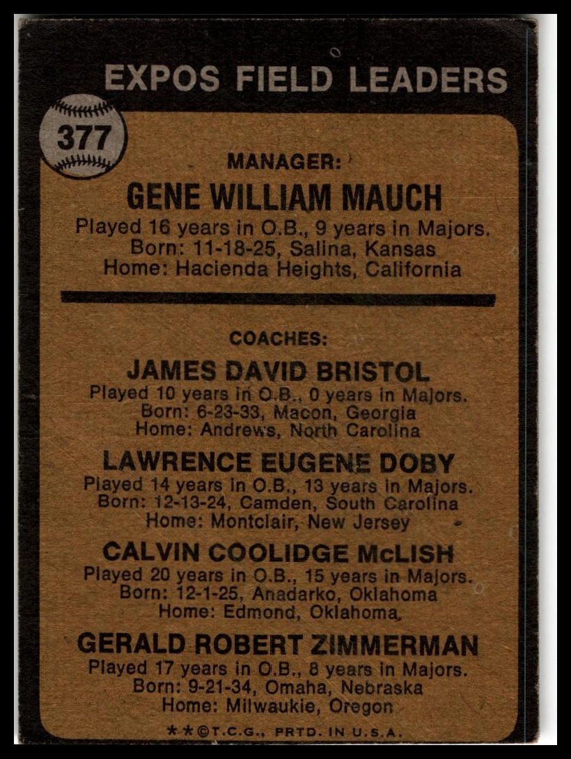 1973 Topps #377 Expos Field Leaders