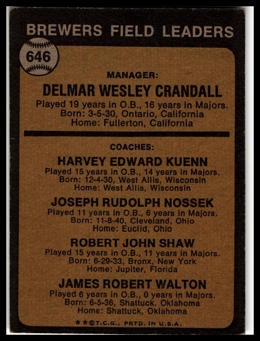 1973 Topps #646 Brewers Field Leaders