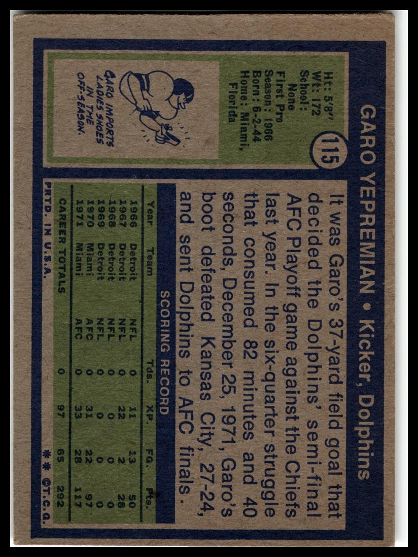 1972 Topps #115 Garo Yepremian