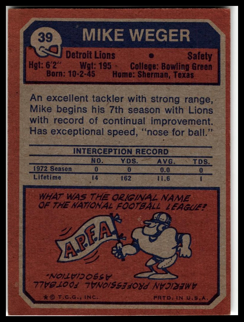 1973 Topps #39 Mike Weger Excellent